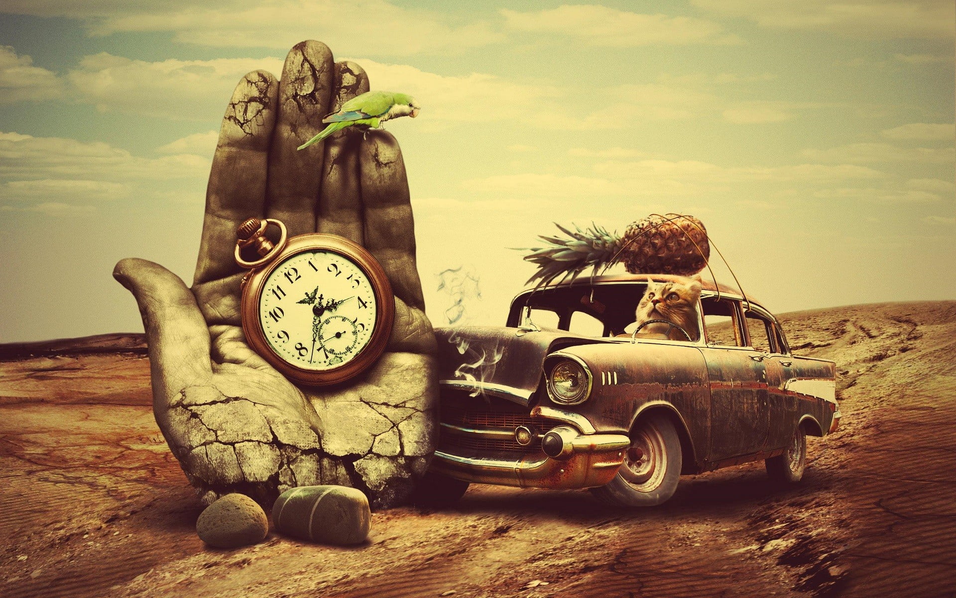 transportation, representation, driving, art and craft, no People, outdoors, classic, hands, creativity, fruit, sky, pineapples, old car, human representation, HD Wallpaper