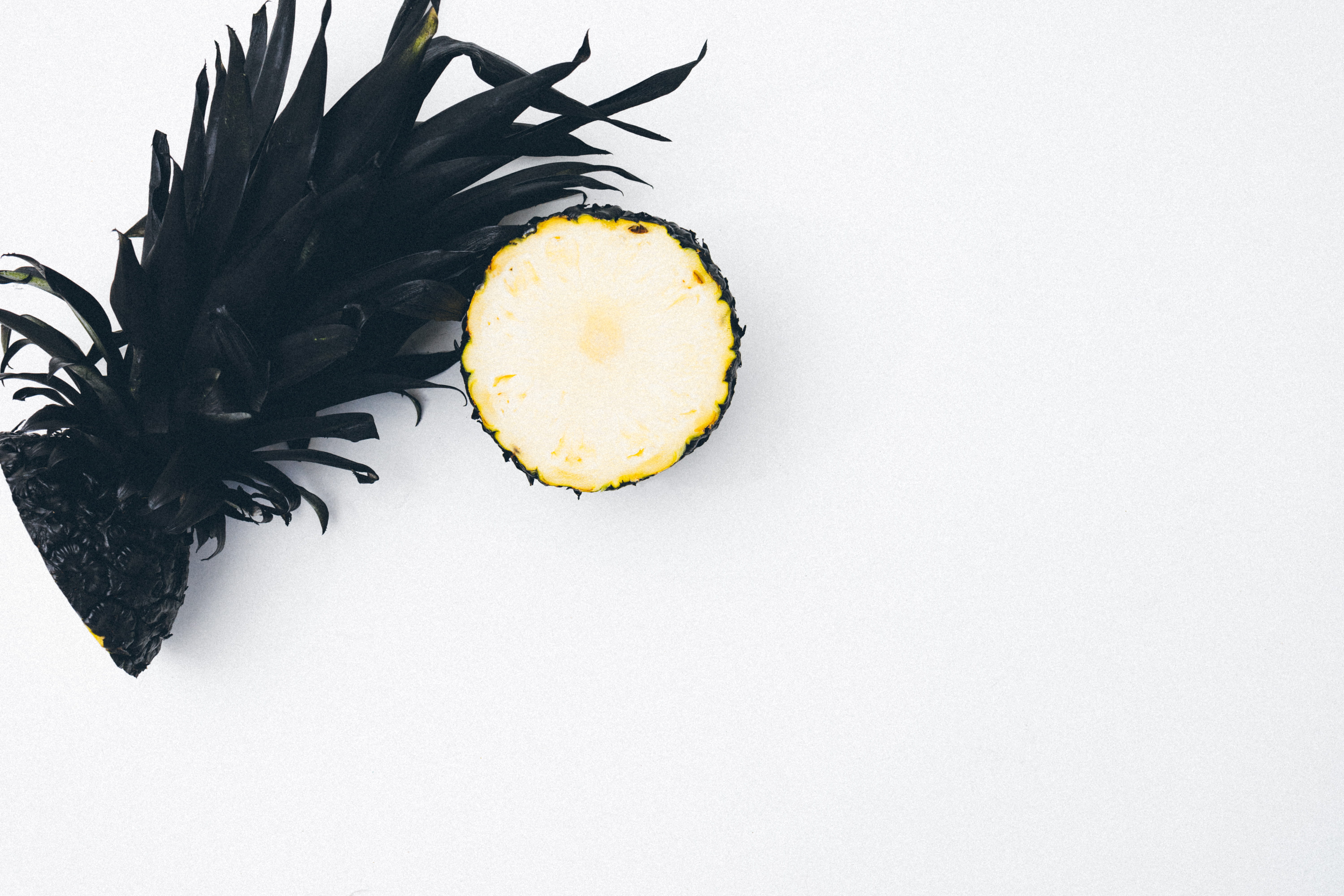 table, freshness, wellbeing, white background, color, selective, close-up, cut out, minimal, pineapple, plant, leaf, copy space, 5K, black color, studio shot, HD Wallpaper