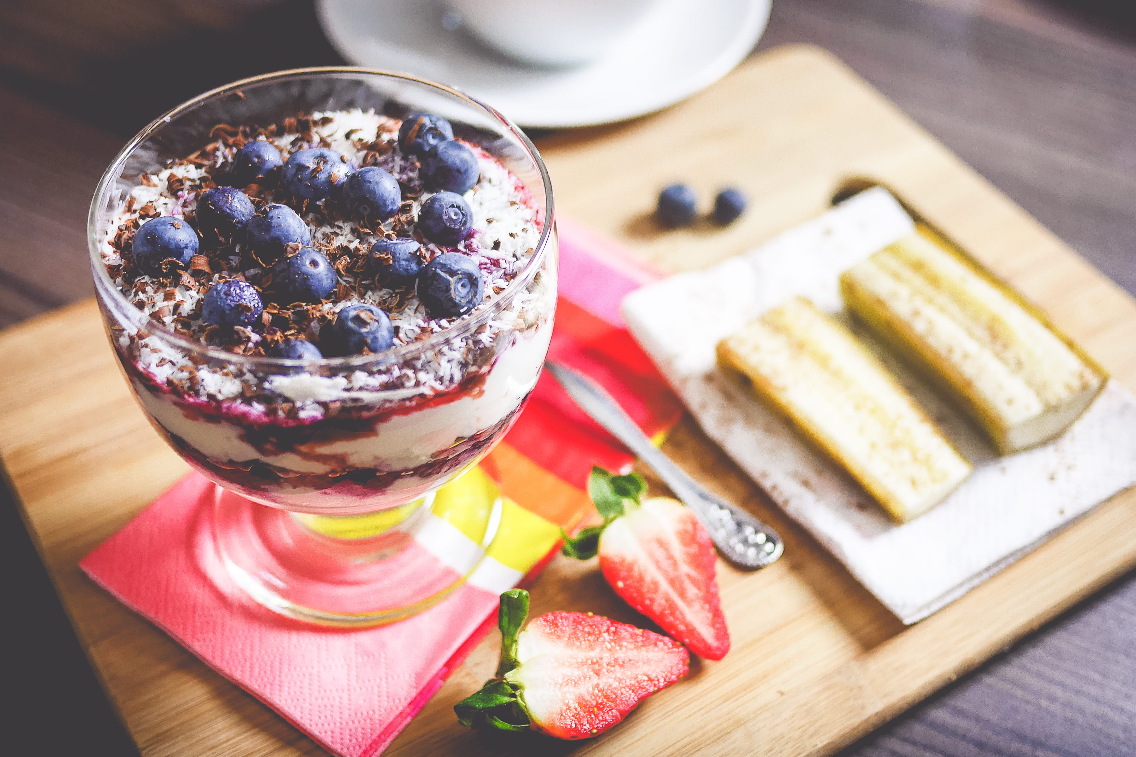 breakfast, fresh, fruit, desserts, Sundae, vitamins, bananas, strawberries, snack, sweet Food, Morning, cream, freshness, wood - Material, sweet, Blueberries, HD Wallpaper