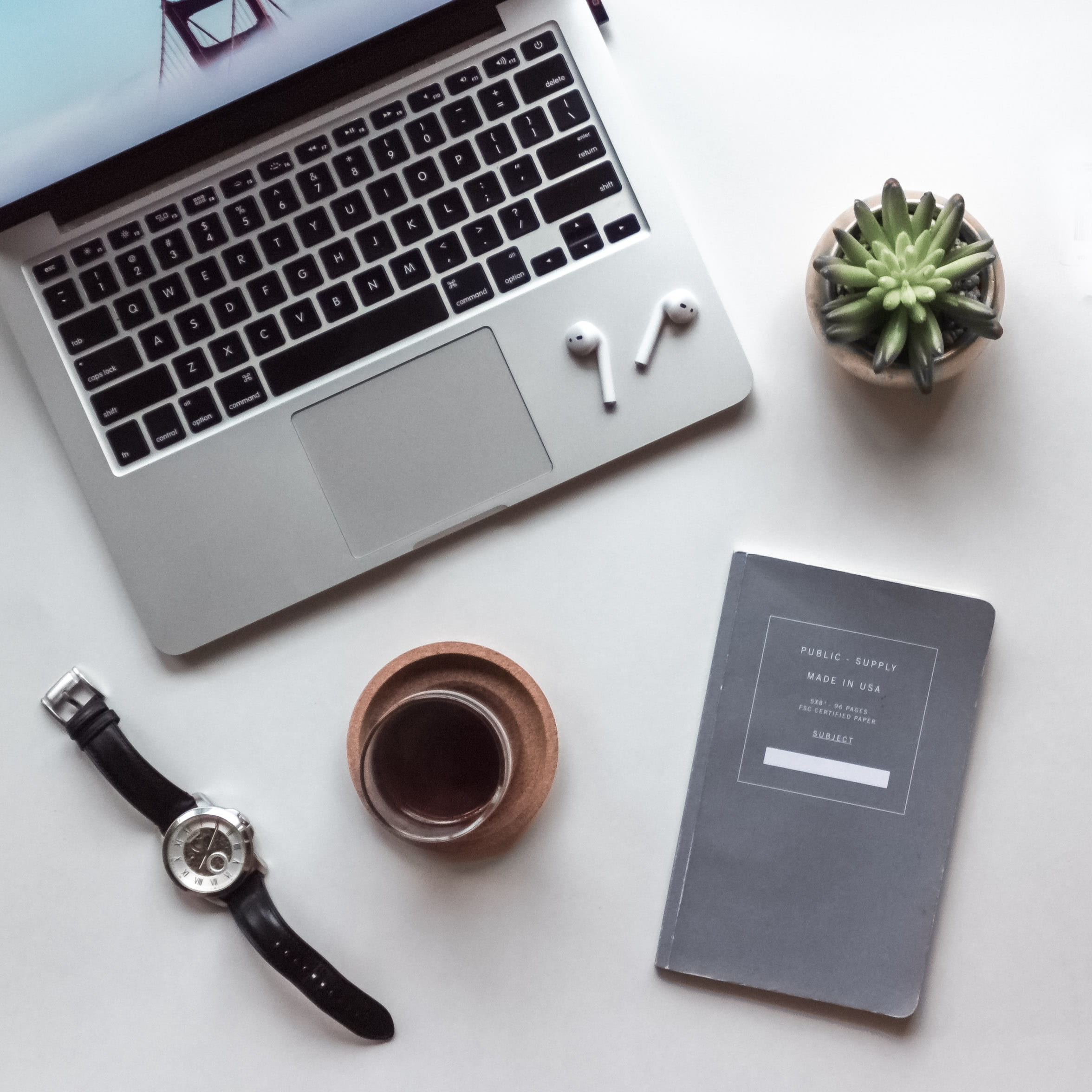 furniture, business, table, connection, work, notebook, book, top, green, computer, crockery, minimal, macbook, laptop, apple, succulent, plant, clock, Phone HD Wallpaper
