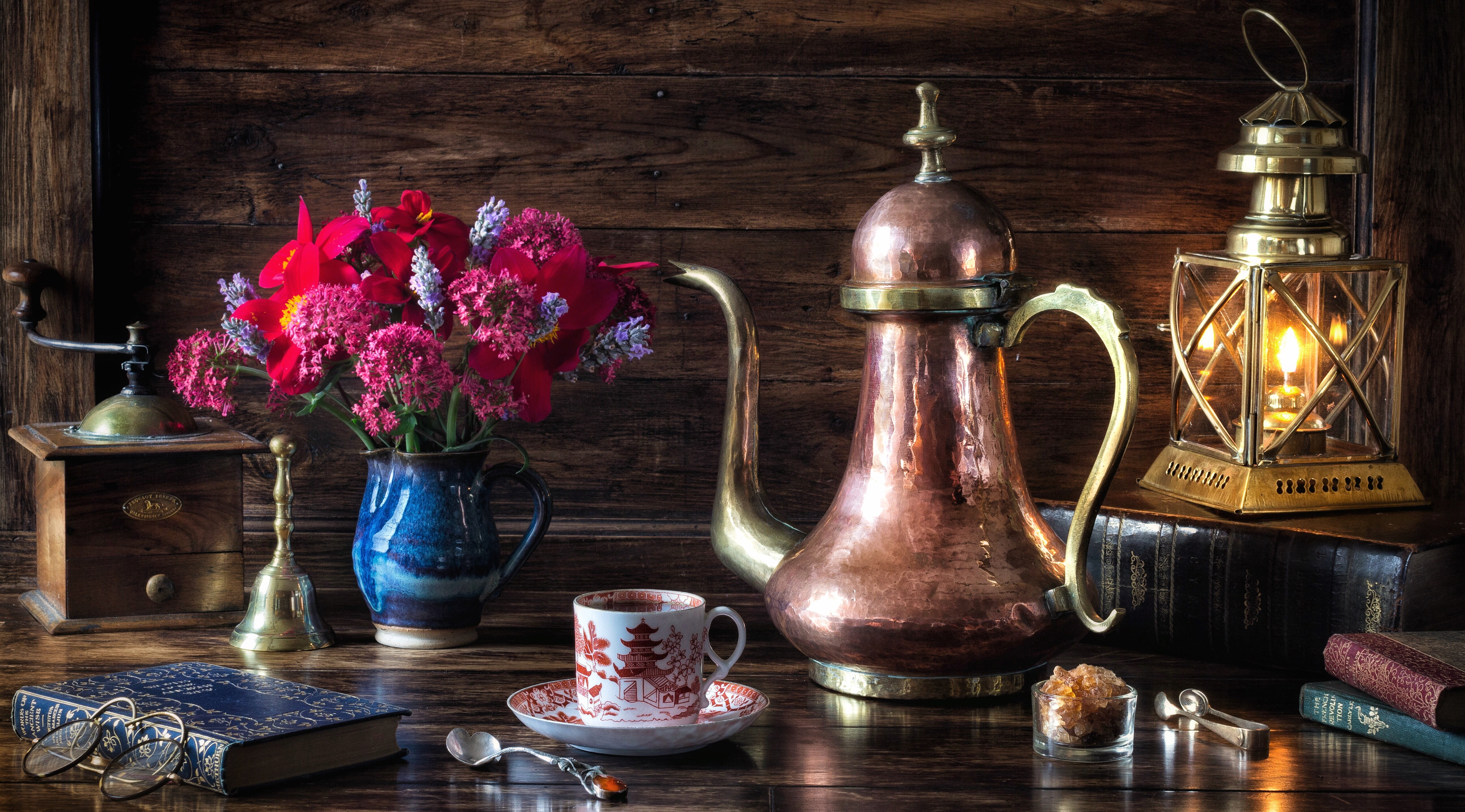 style, still life, coffee grinder, lantern, books, coffee pot, bouquet, flowers, 5K, lamp, glasses, coffee, HD Wallpaper