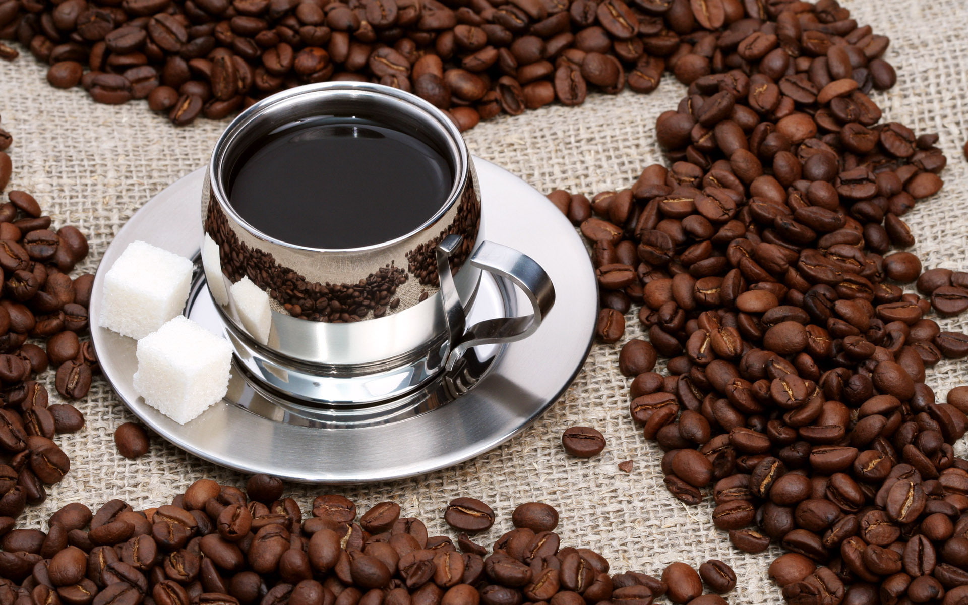 1080P, cup, saucer, reflection, sugar, coffee, coffee beans, HD Wallpaper