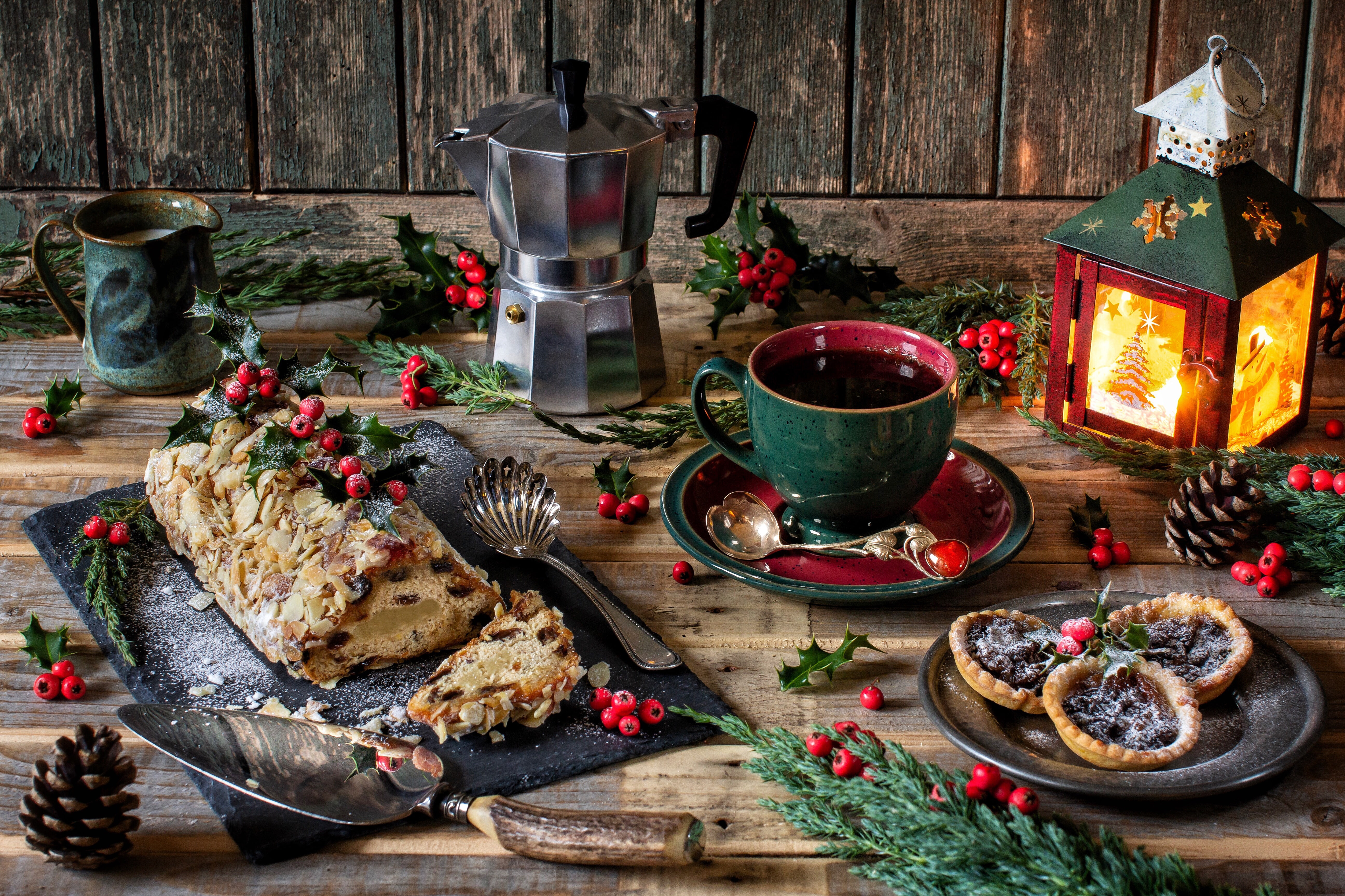 Holly, lantern, berries, style, Christmas, branches, treat, coffee, Stollen, bumps, cakes, mug, cake, coffee pot, 5K, HD Wallpaper