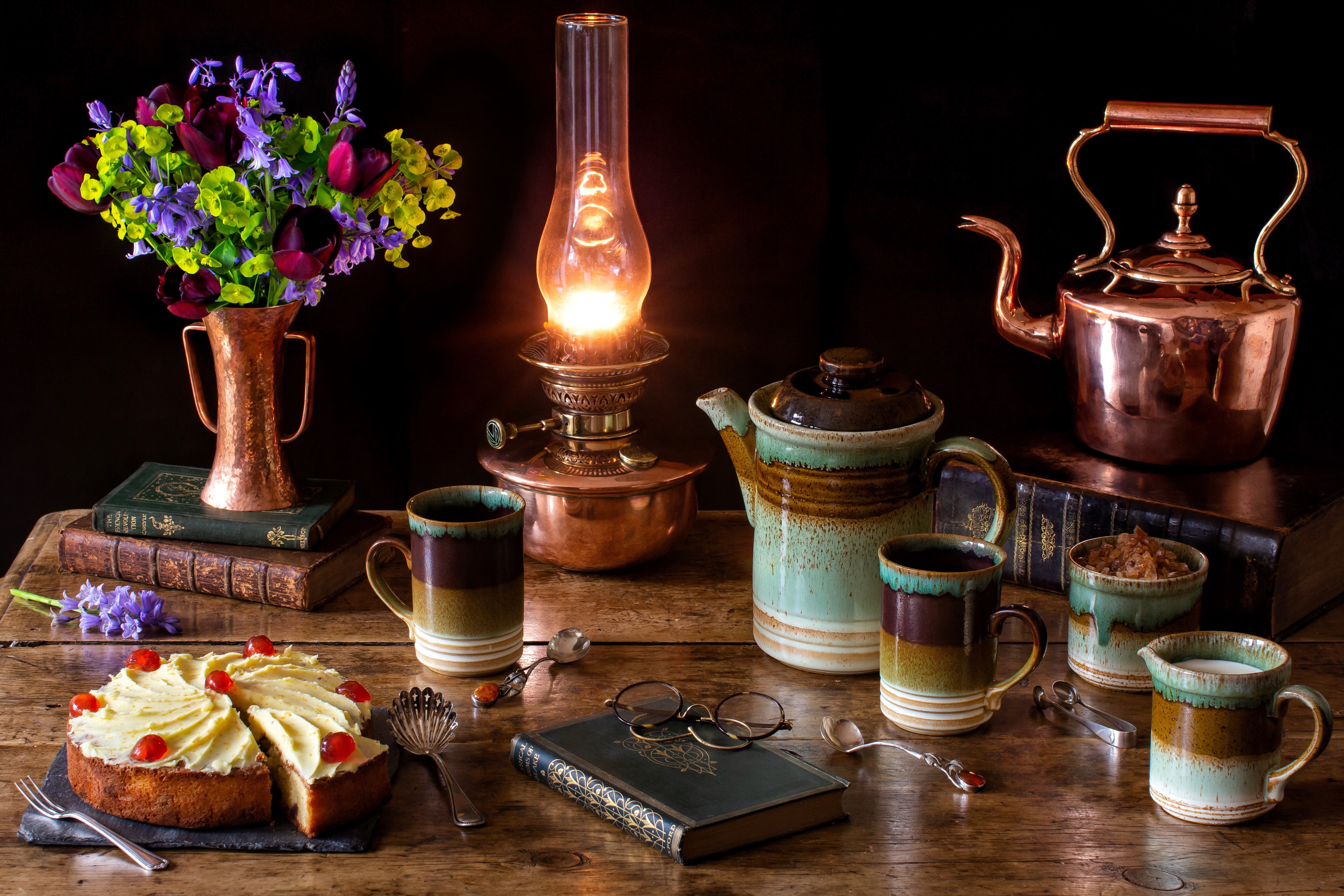kettle, still life, glasses, bouquet, flowers, coffee, cake, tulips, lamp, book, 5K, HD Wallpaper