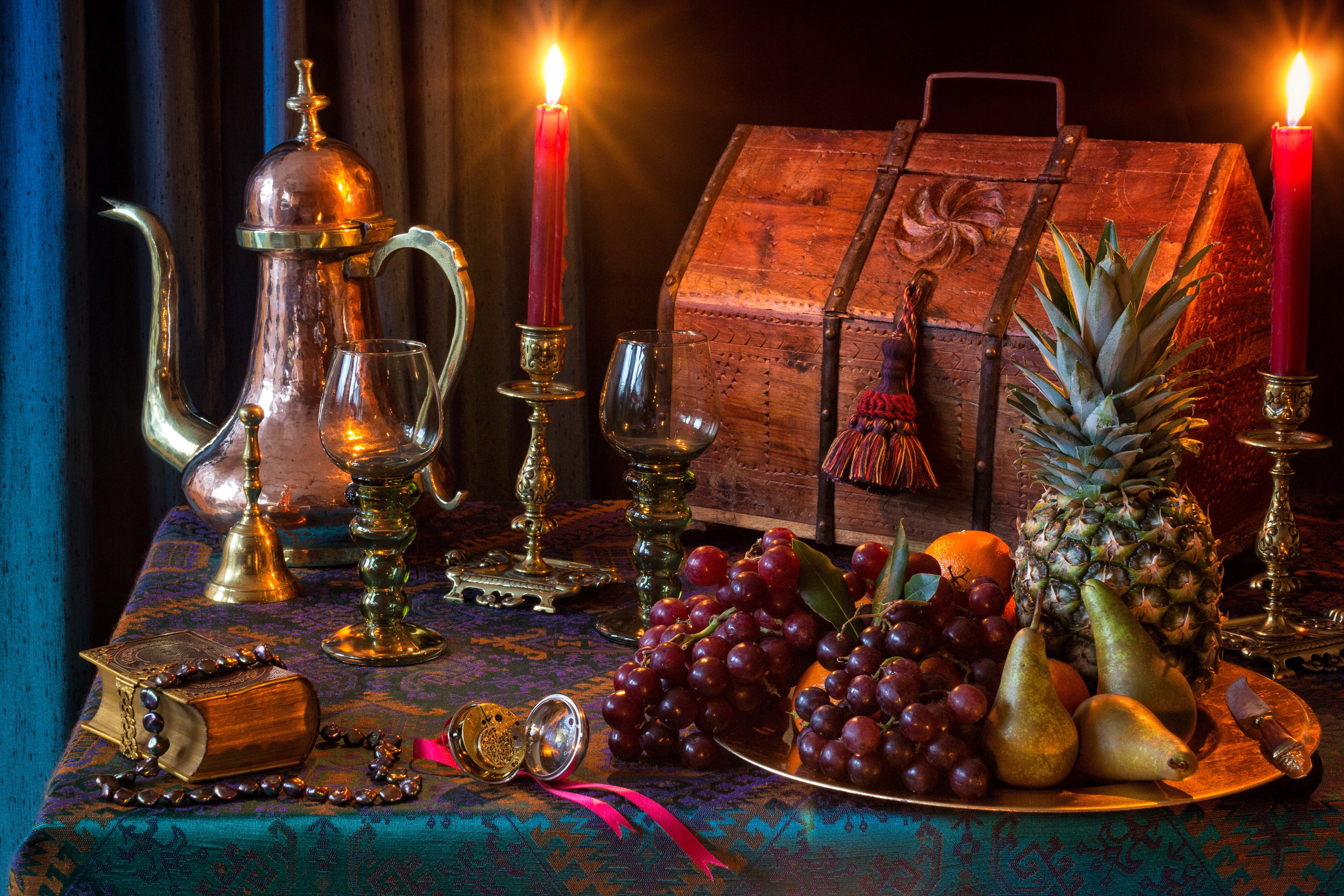 book, glasses, grapes, pear, fruit, pineapple, chest, coffee pot, still life, style, 4K, candles, HD Wallpaper