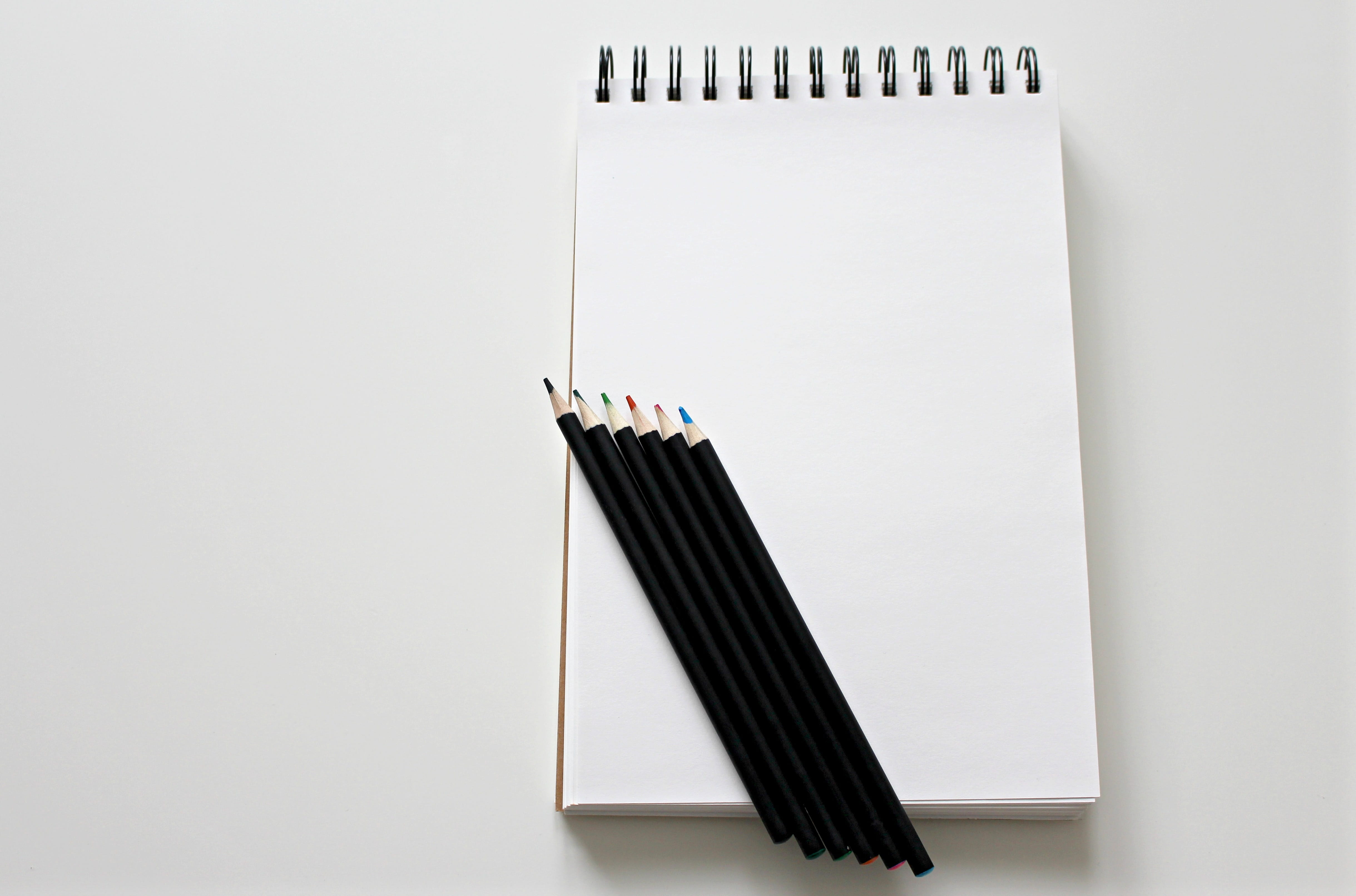 spiral, artists, draw, pencil, notepad, art, creative, Colour Pencils, two objects, leave, 4K, artist, Paint, block, from above, no people, education, HD Wallpaper