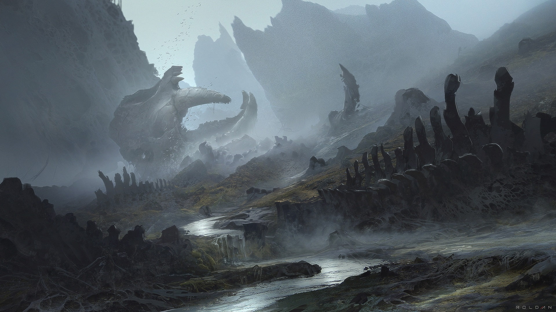 fantasy art, stream, mountains, skull, 1080P, bones, mist, spine, birds, HD Wallpaper
