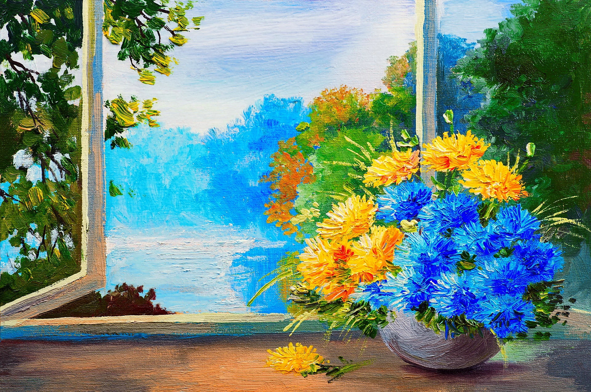 outdoors, multi colored, water, day, flowering plant, landscape, flowers, creativity, vulnerability, freshness, flower head, wood - material, painting, HD Wallpaper