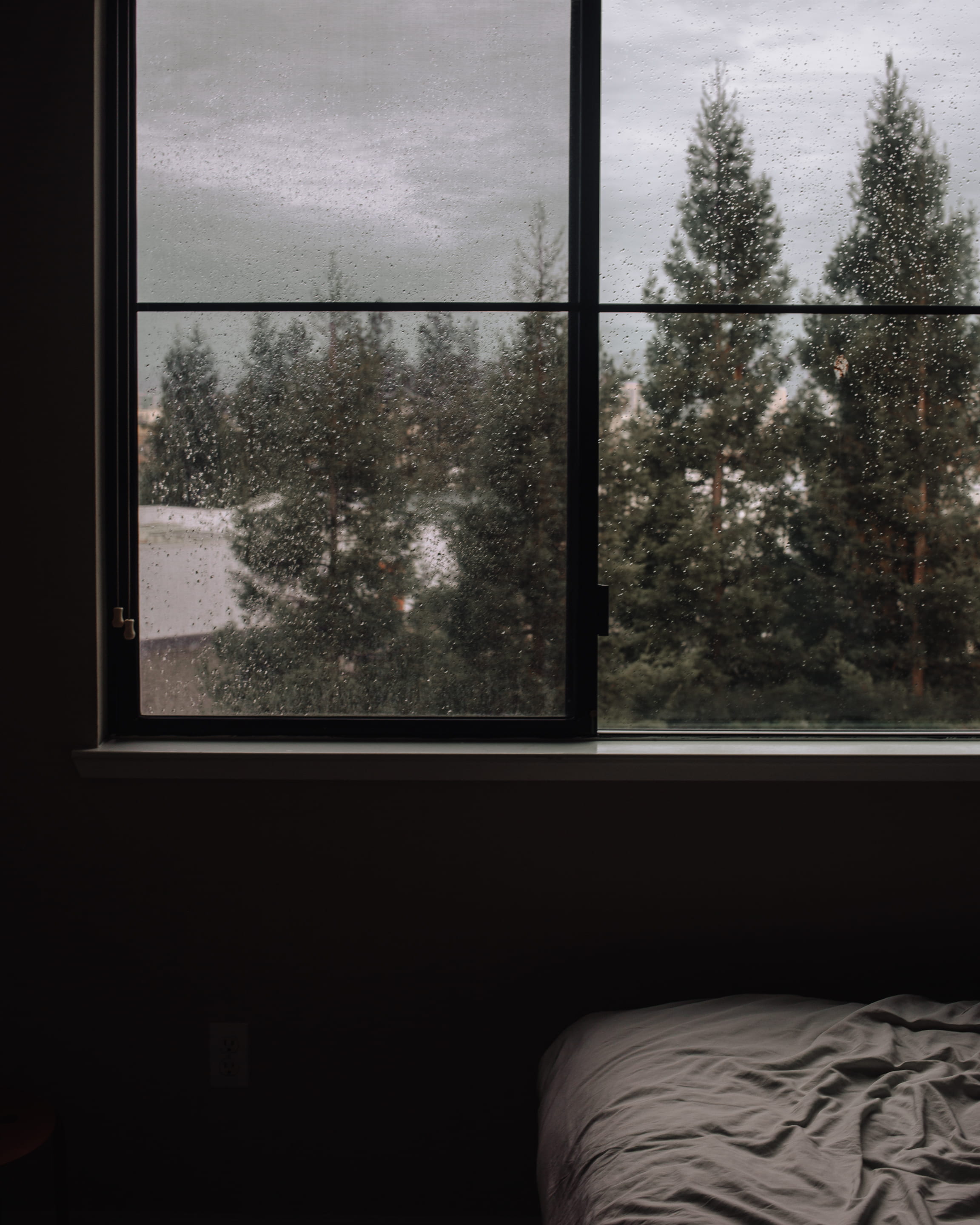photo, black, indoor, windowsill, pane, tree, snowing, window, framed, bed, room, moody weather, home, dew, indoors, architecture, day, winter, bedroom, Phone HD Wallpaper