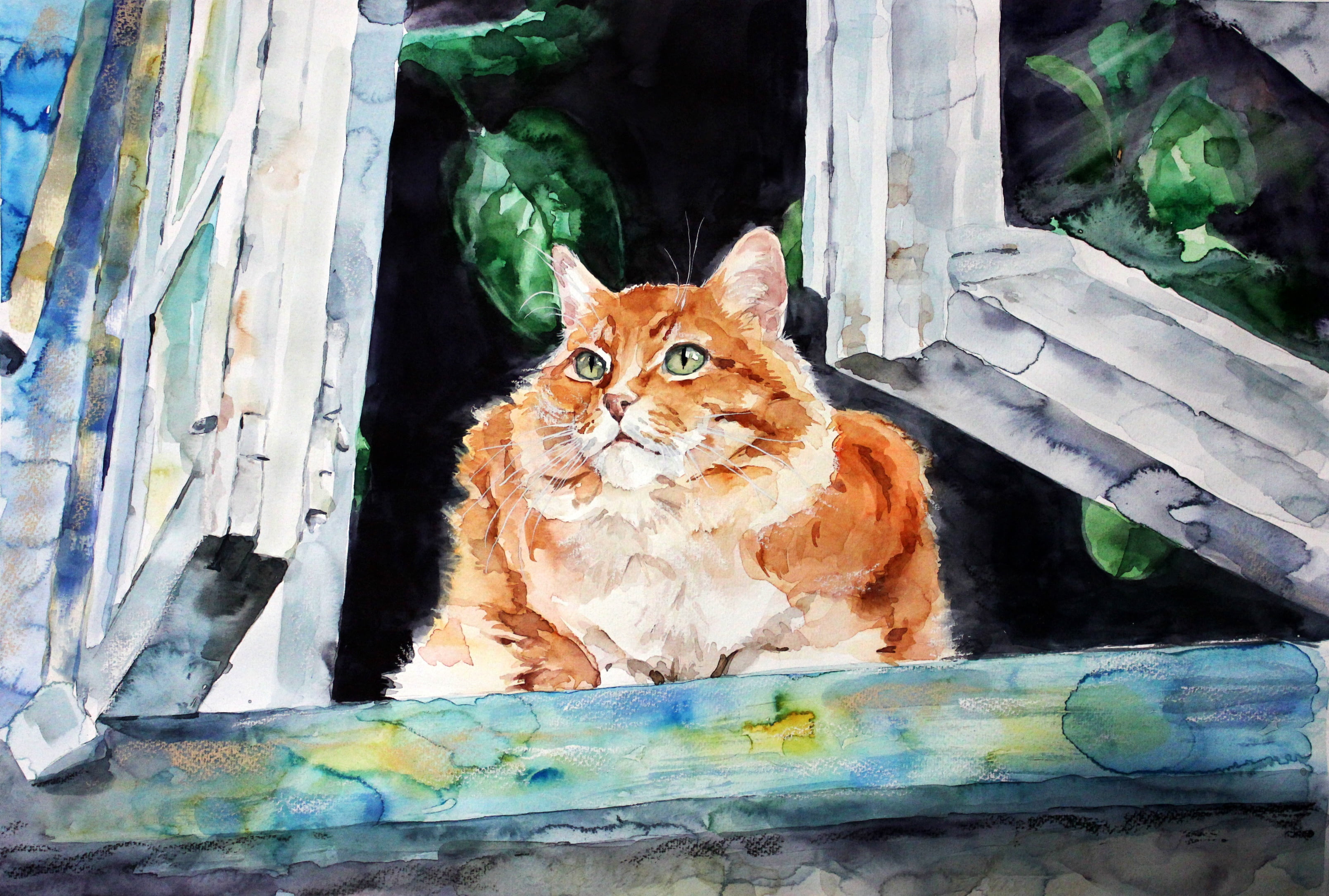 summer, window, art, on the windowsill, red cat, Elenashved, leaves, open, 2K, stay, wooden house, watercolor painting, HD Wallpaper