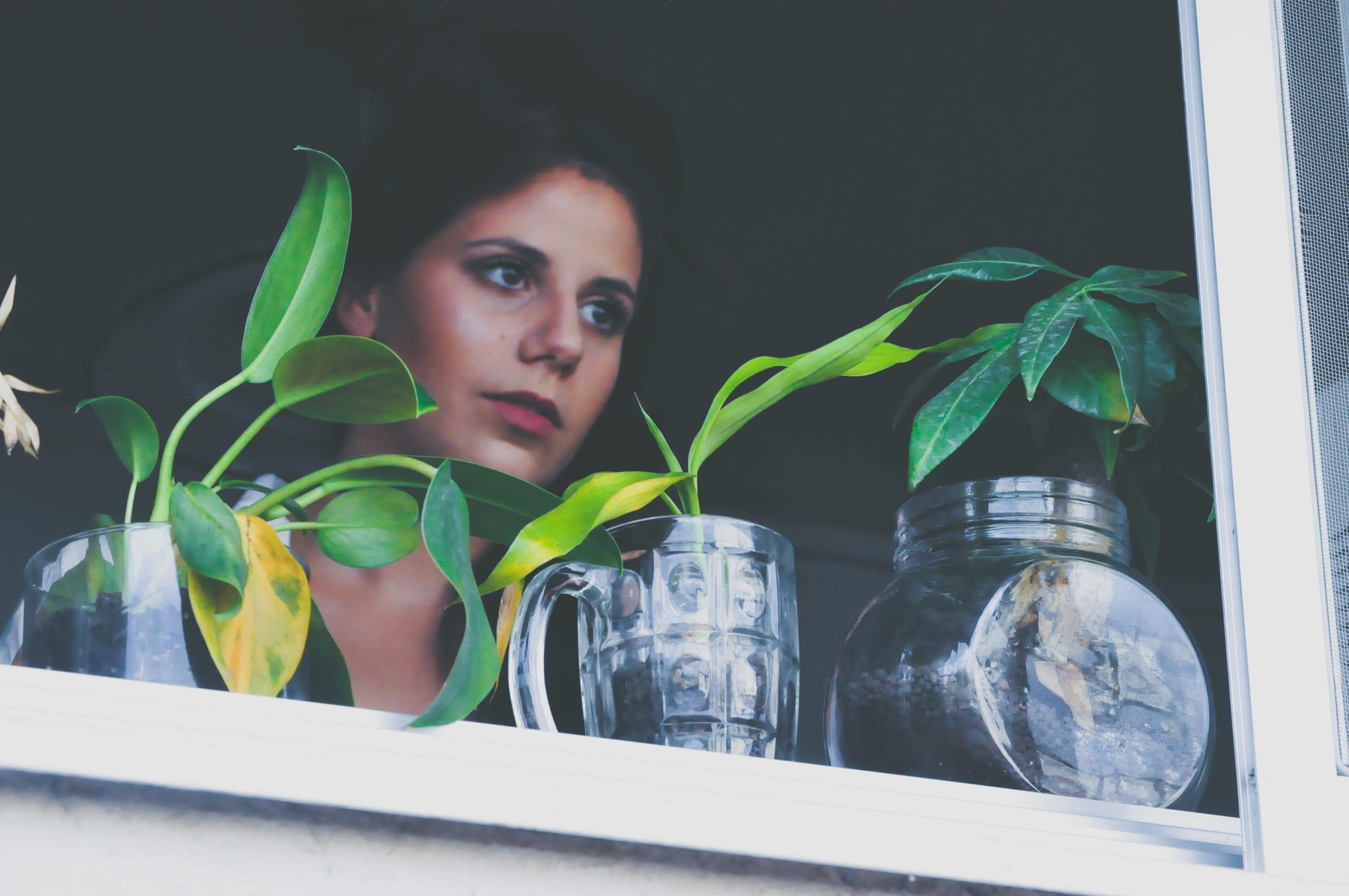one person, beautiful woman, outside, real people, female, 2K, near, leaf, windowsill, window sill, women, flower, staring, contemplation, face, glass jar, HD Wallpaper