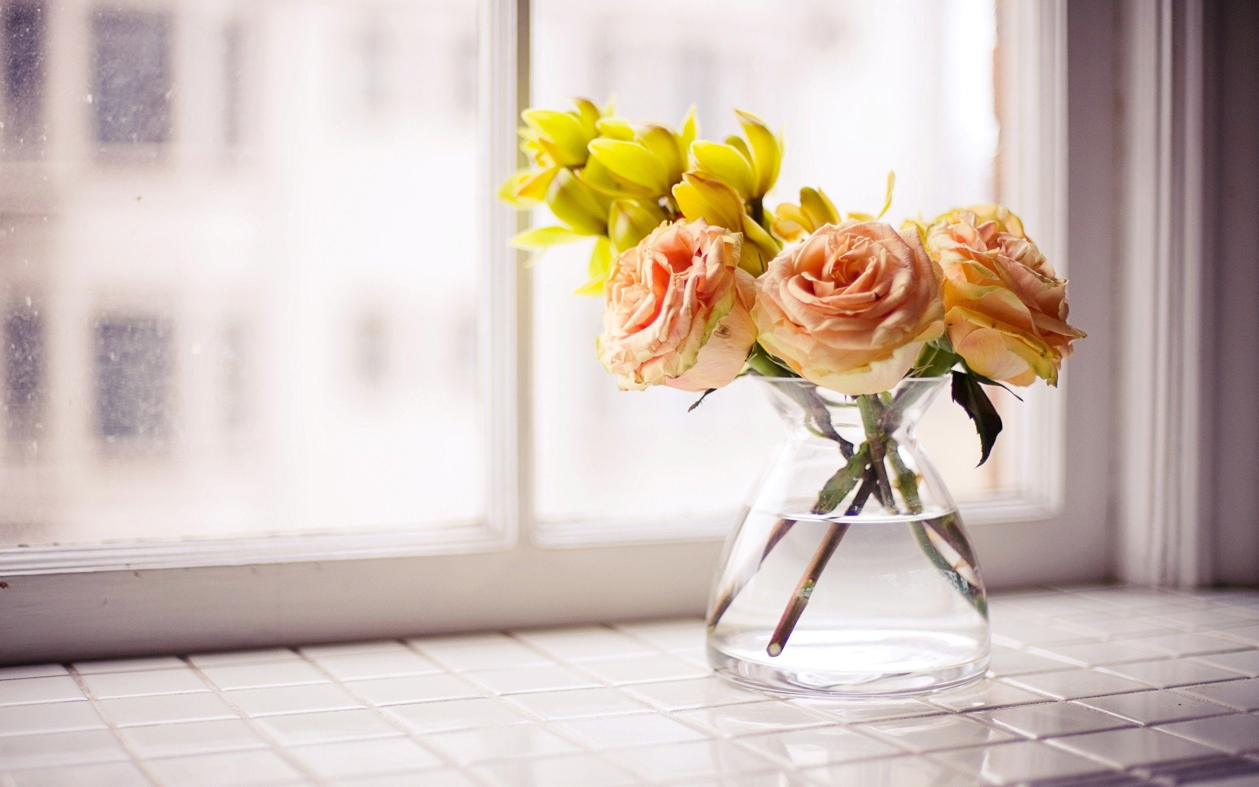 vase, 2K, windowsill, yellow, flowers, roses, HD Wallpaper