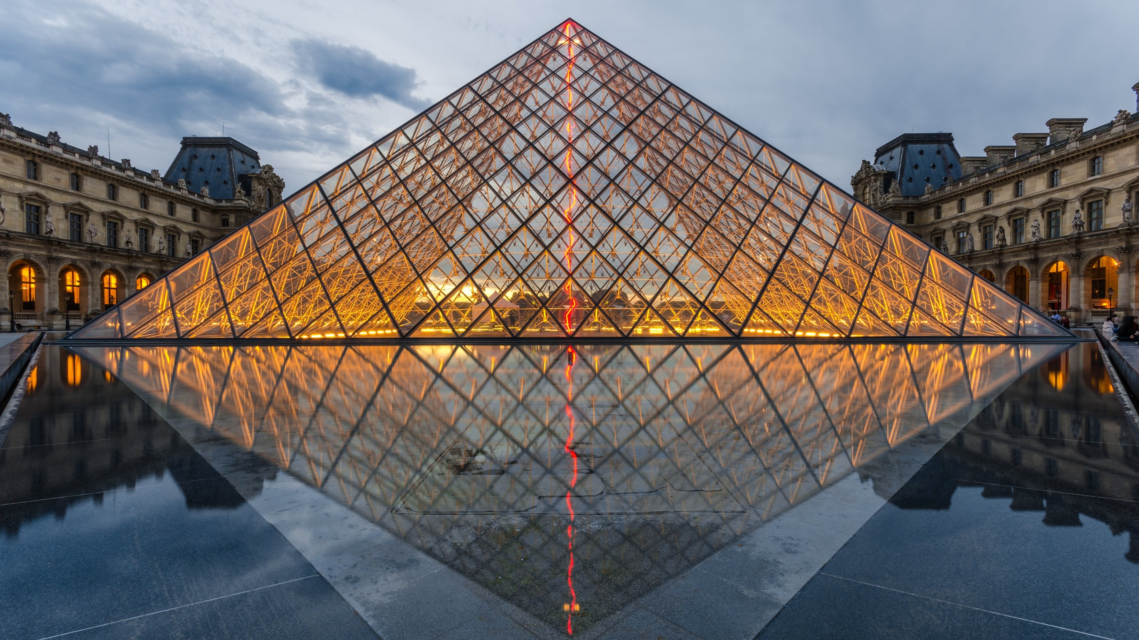 water, 4K, nature, cloud - sky, city, day, glass, building, outdoors, greenhouse, architecture, pyramid shape, the past, reflection, no people, Paris, HD Wallpaper