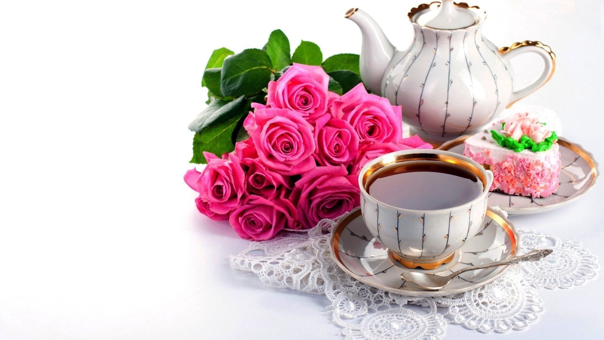 freshness, tea - Hot Drink, cultures, pink color, pink, food, no People, cafe, refreshment, indoors, 1080P, mug, flowers, ceramic, beauty in nature, rose, HD Wallpaper
