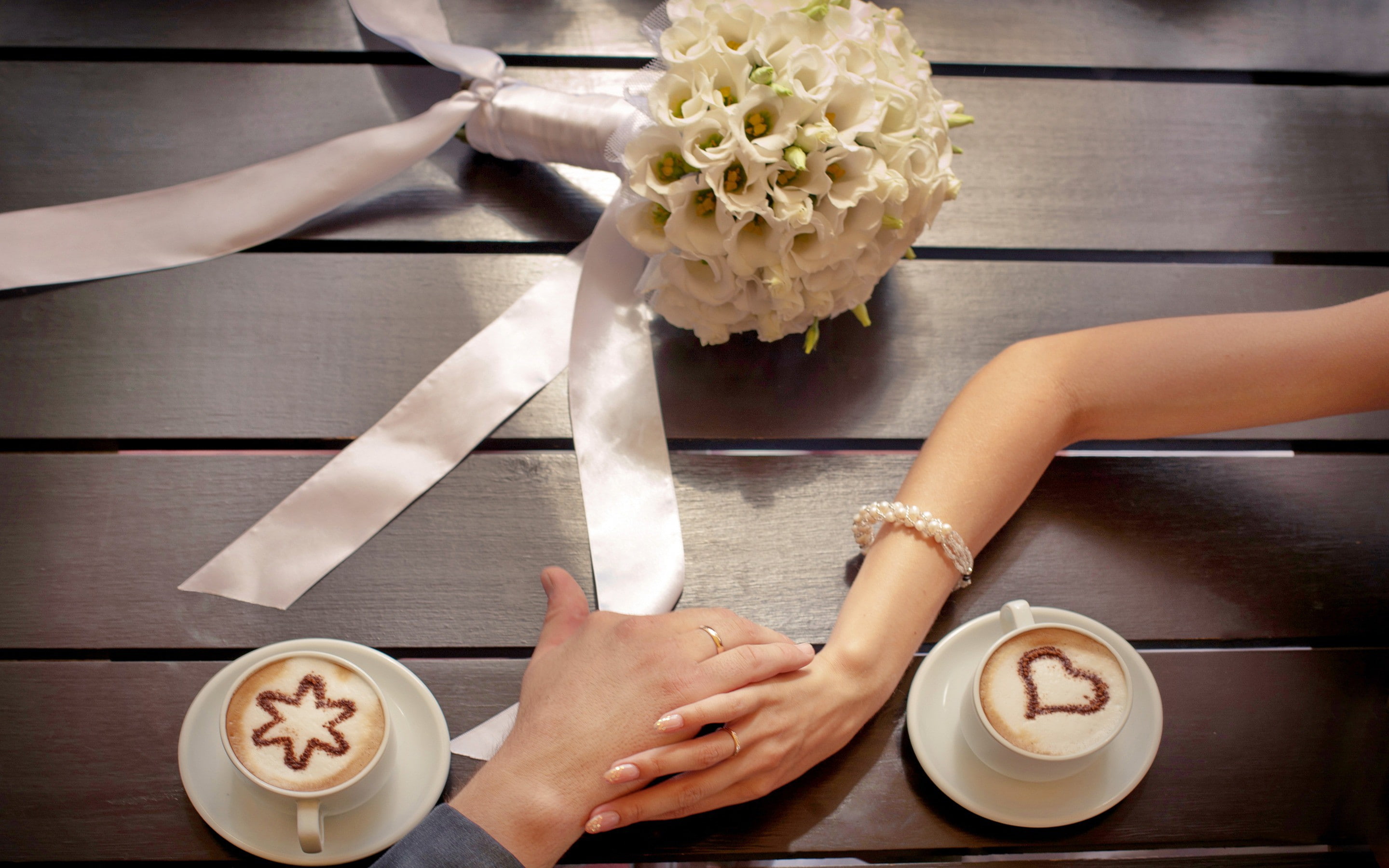 flowers, cup, coffee, rose, couple, 2K, hands, romantic, bouquet, white, wedding, love, HD Wallpaper