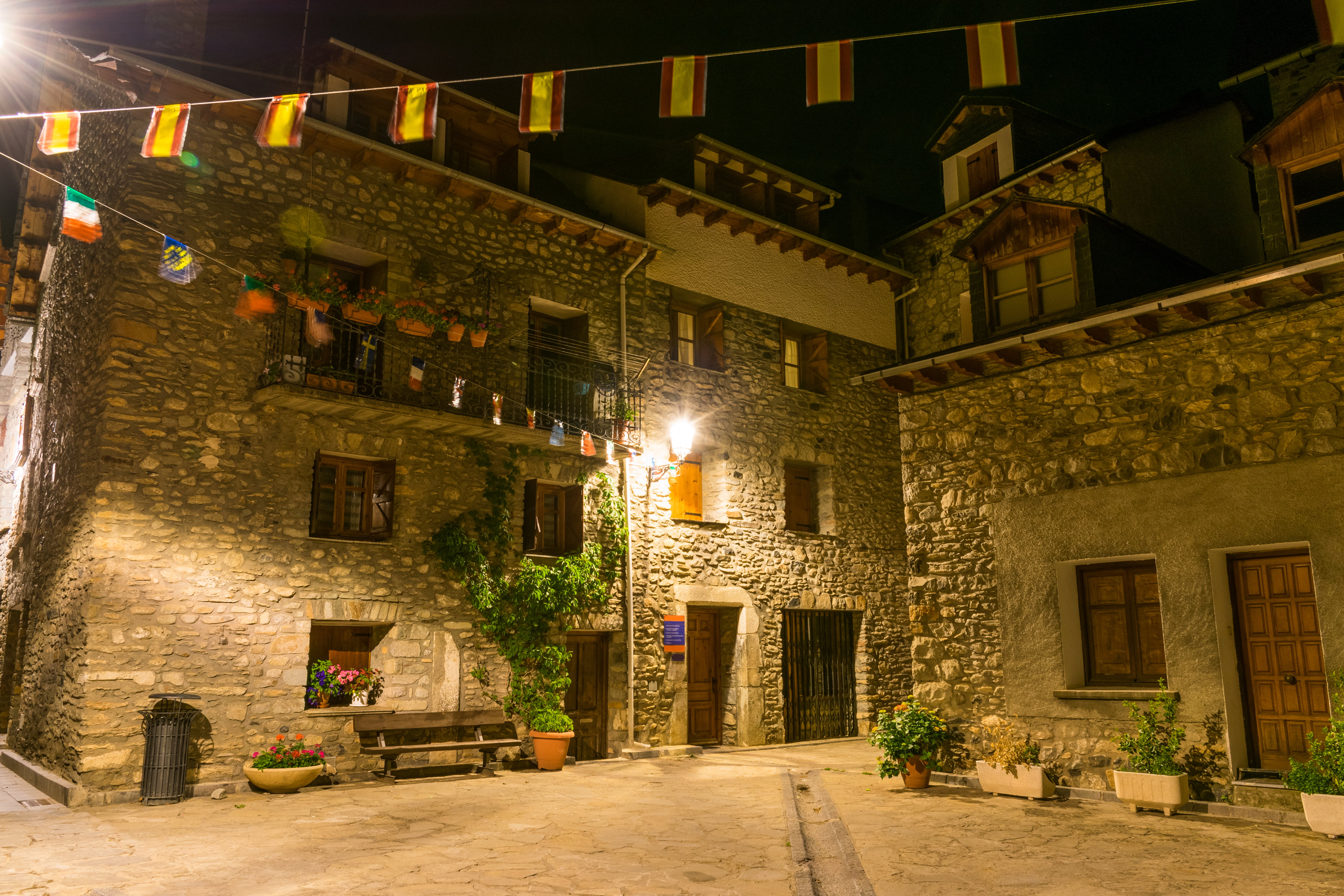 light, night, wall, built structure, direction, architecture, transportation, potted plant, outdoors, fiesta, abandoned, street, banderitas, flower pots, HD Wallpaper