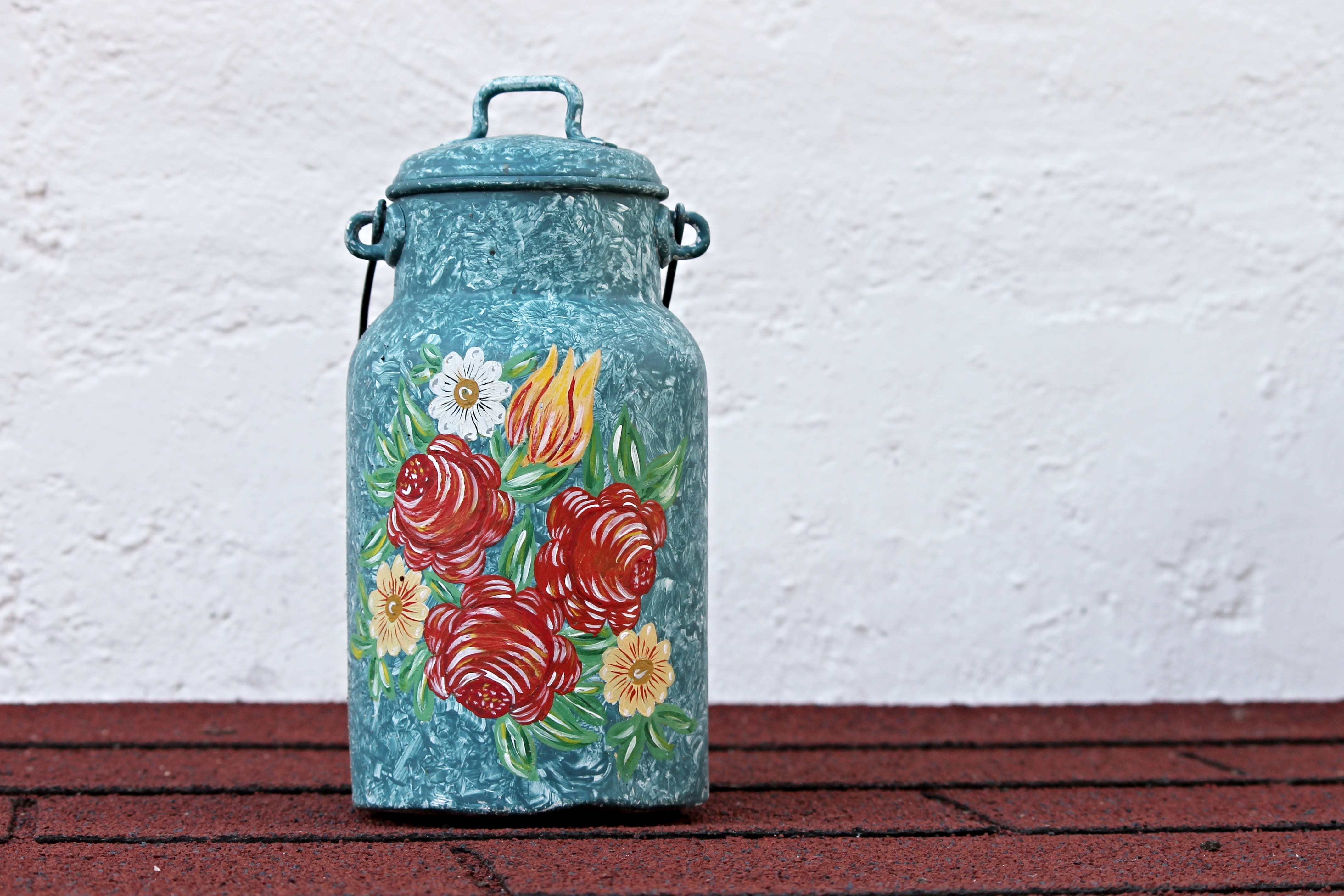 no people, vessel, pot, container, close-up, yellow, food and drink, metal vessel, decorating articles, jar, concrete, brick, blue, milk, peasant art, creativity, HD Wallpaper