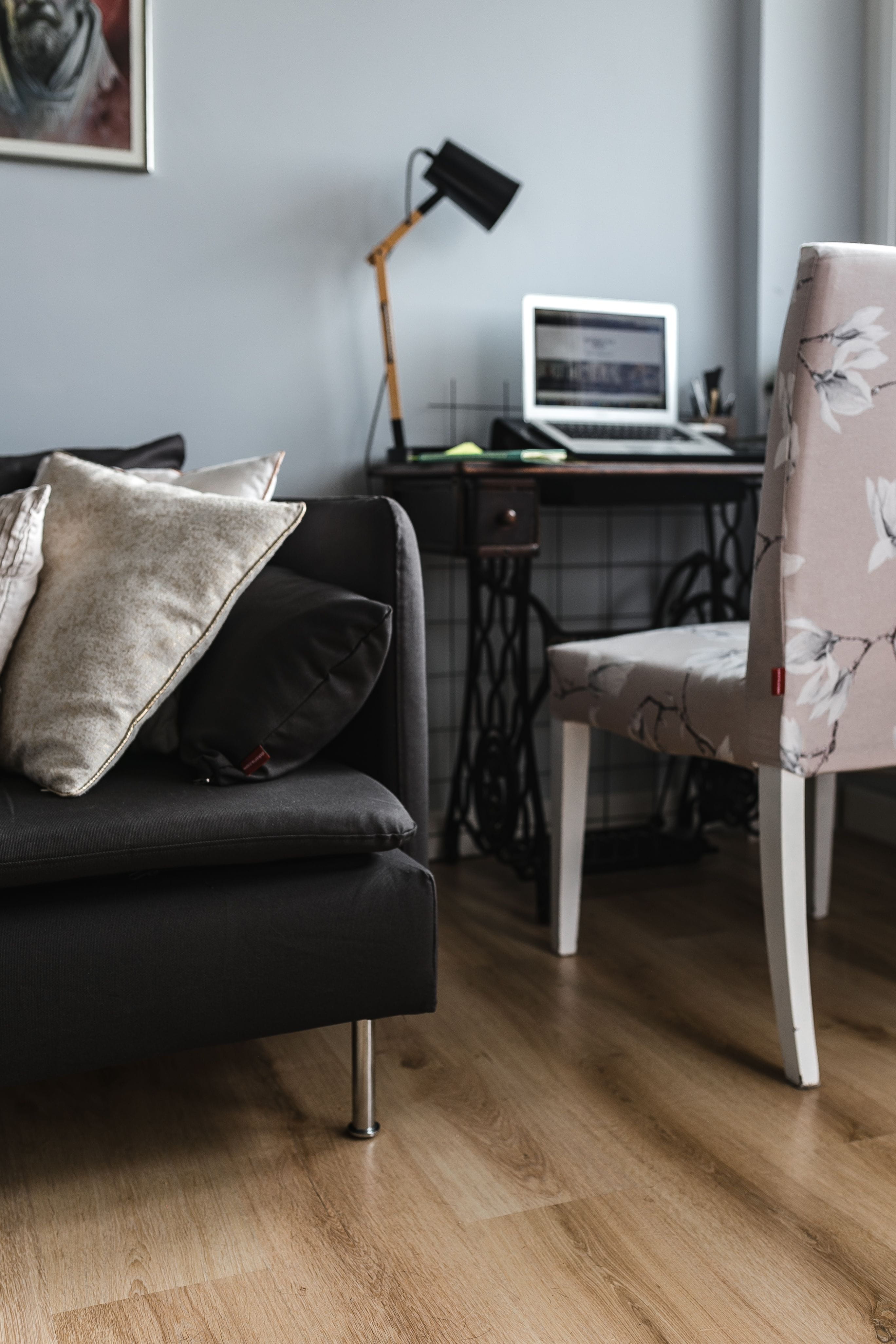 Stylish, furniture, decor, desk, pillows, electric lamp, contemporary, comfortable, lounge, wireless technology, laptop, domestic Room, workspace, couch, Phone HD Wallpaper