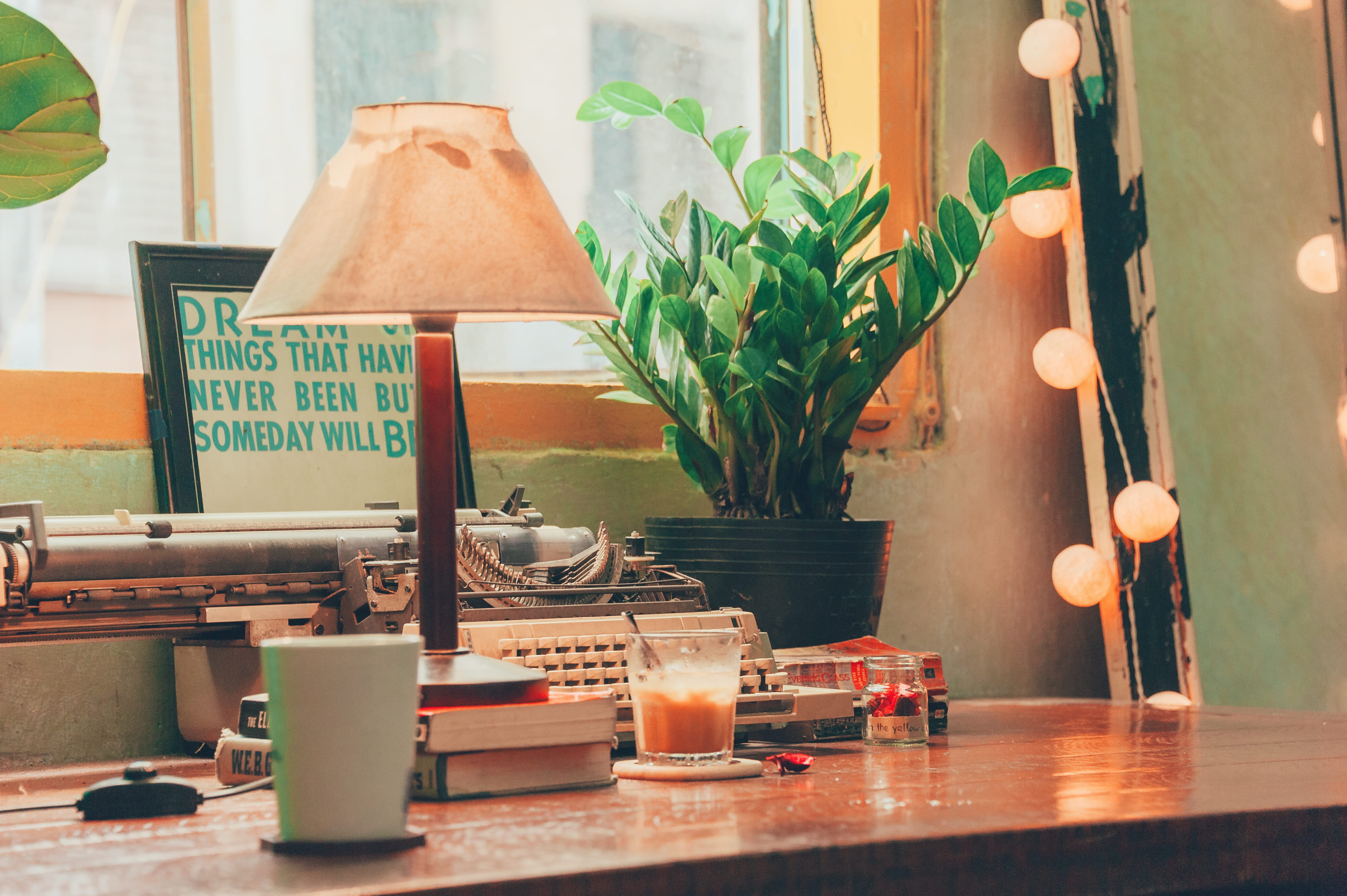 workspace, lampshade, container, coffee, interior design, restaurant, window, desk, houseplant, communication, decoration, 4K, nature, home interior, indoors, HD Wallpaper