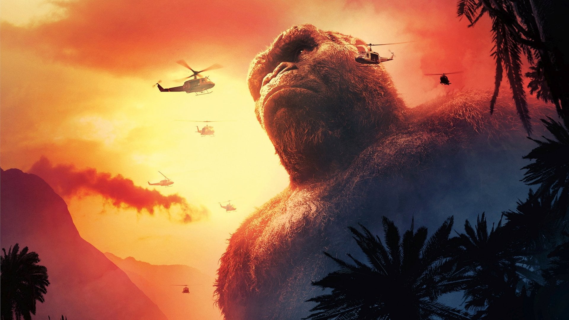 low angle view, digital composite, mountain, Movie, cloud - sky, air vehicle, transportation, sunlight, plant, Kong: Skull Island, nature, Gorilla, flying, HD Wallpaper