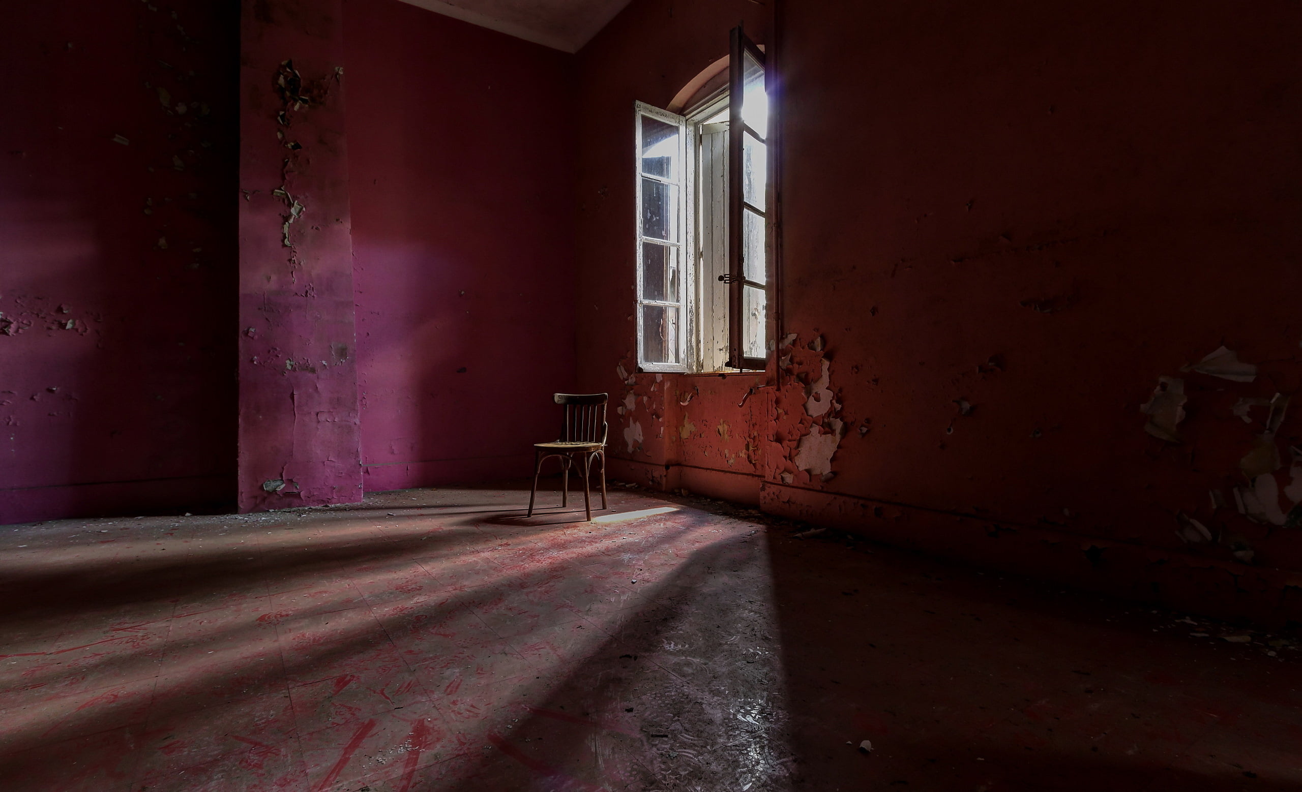 red, absence, window, 2K, built structure, empty, building, run-down, chair, deterioration, old, obsolete, damaged, abandoned, entrance, architecture, HD Wallpaper