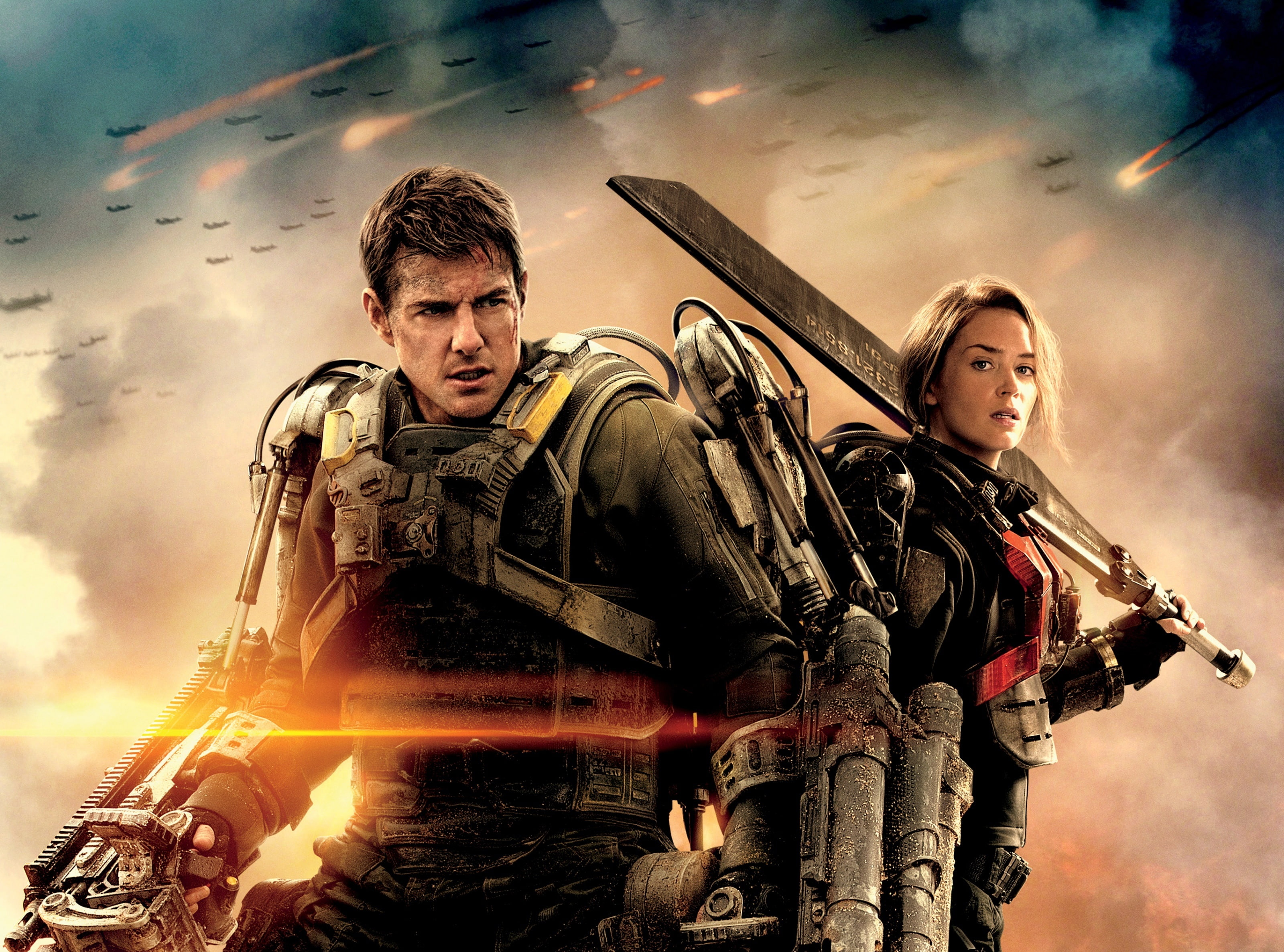 front view, tom cruise, tomorrow, emily blunt, gun, thriller, sci-fi, Edge Of Tomorrow, mid adult, Other Movies, armed forces, 2K, men, adult, military, HD Wallpaper