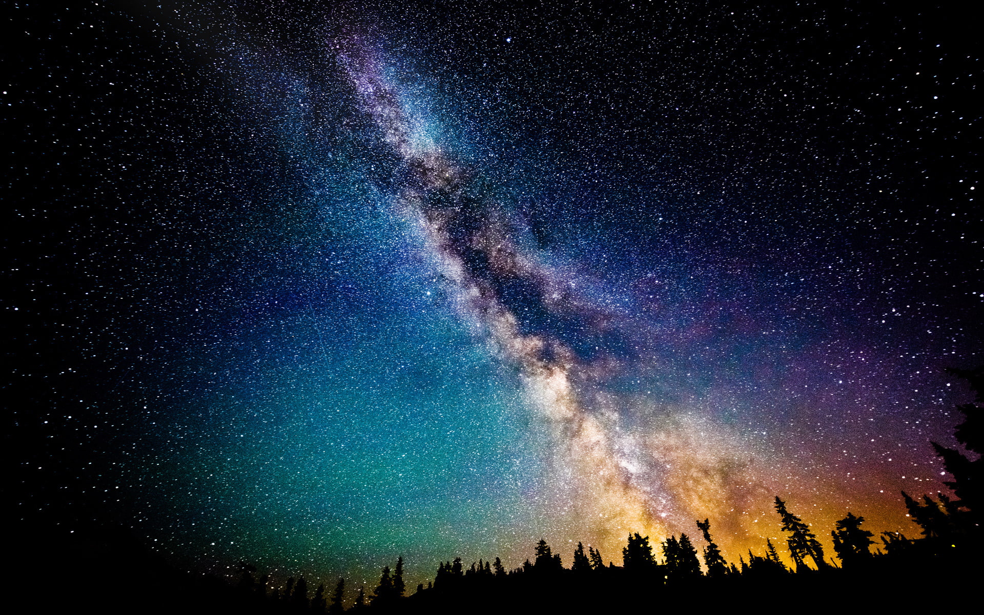 sci, night, dust, mountain, stars, galaxy, color, science, milky, 1080P, scenic, nature, view, forest, fiction, sky, trees, HD Wallpaper