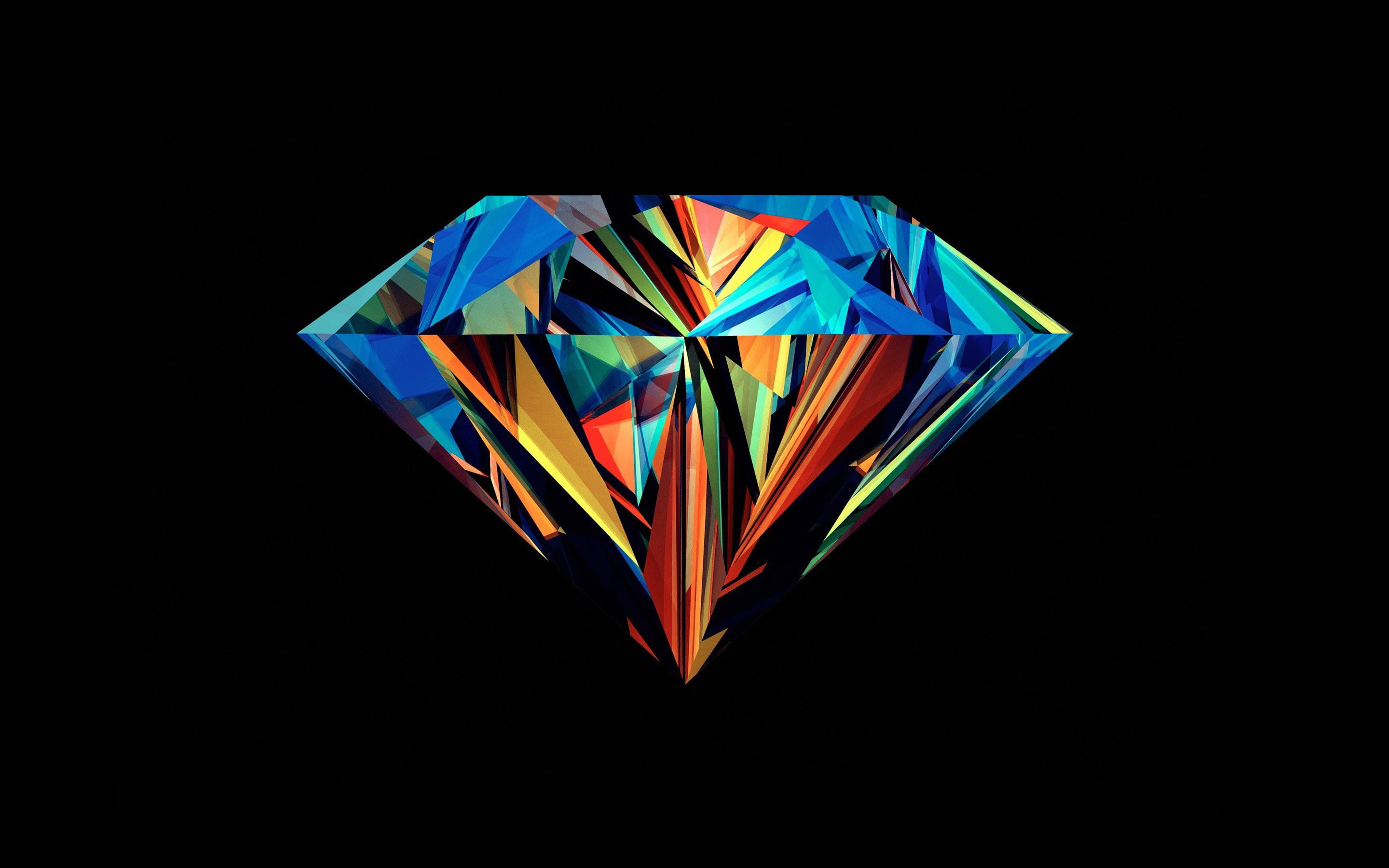 reflection, diamond, blue, shiny, no people, design, orange, wealth, diamonds, indoors, black background, 2K, studio shot, glowing, multi colored, copy space, HD Wallpaper