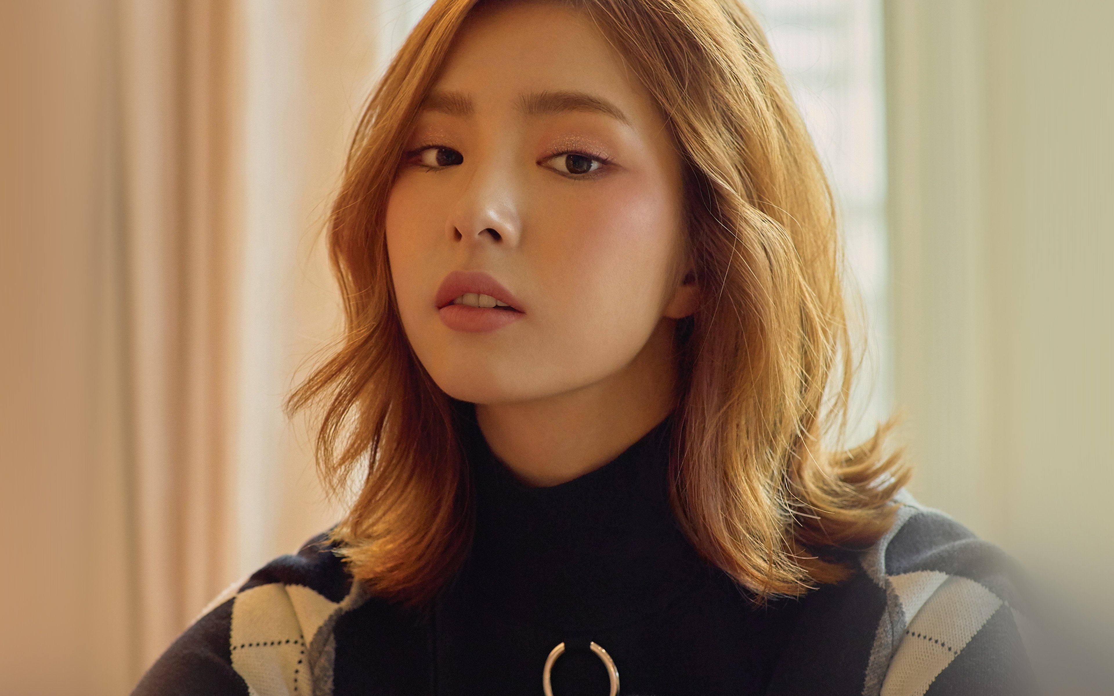 looking at camera, kpop, indoors, hairstyle, 4K, long hair, front view, young women, sadness, hair, headshot, beautiful woman, lifestyles, brown hair, HD Wallpaper