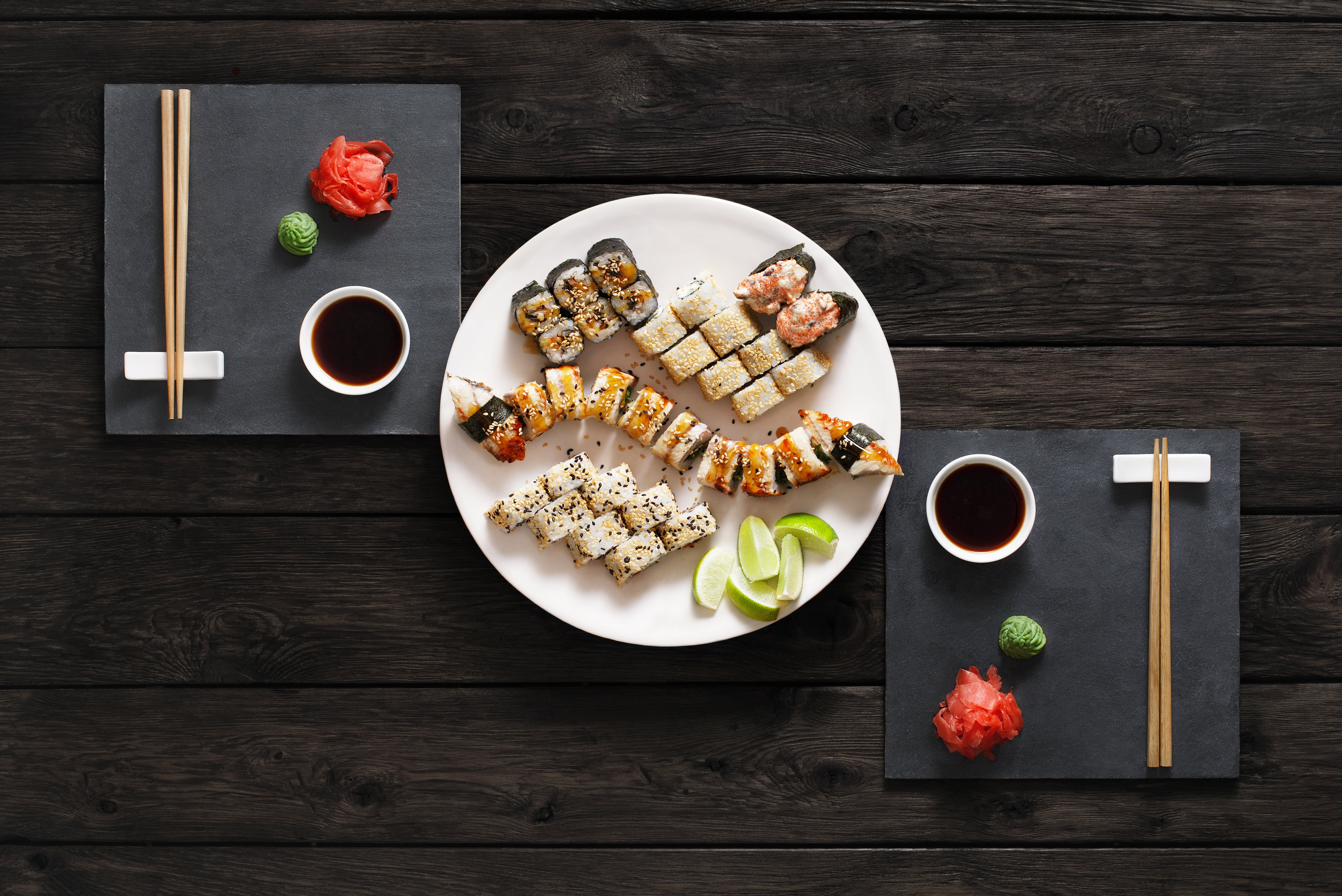 table, rolls, sushi, japanese food, indulgence, food, serving size, set, ready-to-eat, no people, sauce, wellbeing, 5K, indoors, fruit, healthy eating, HD Wallpaper