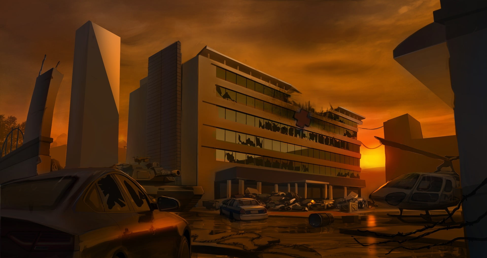 travel, city life, no people, helicopters, reflection, apocalyptic, cloud - sky, train, hospital, office building exterior, toy, 1080P, skyscraper, sky, HD Wallpaper