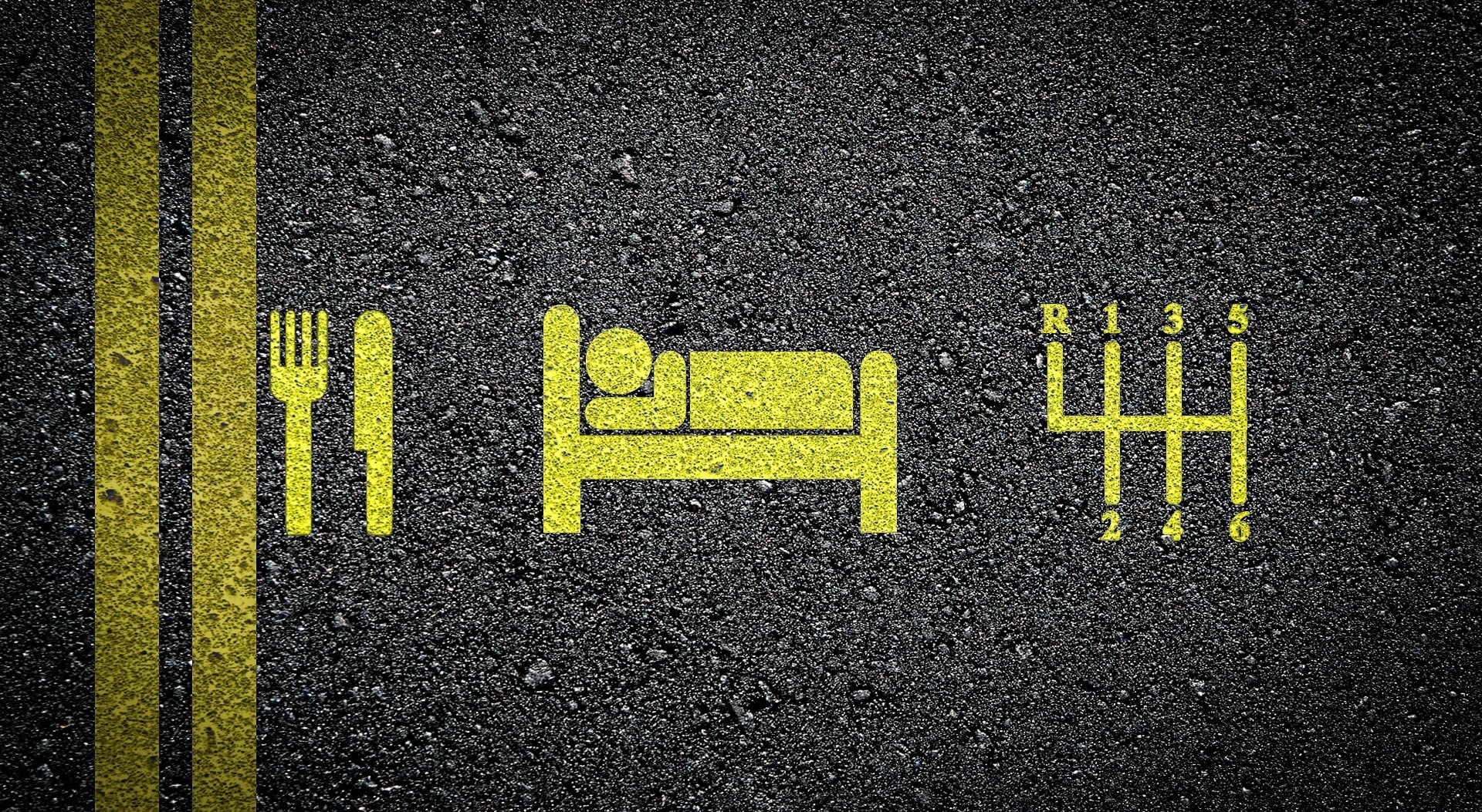 textured, asphalt, Funny, sleep, high angle view, communication, road, drive, western script, city, sign, eat, yellow, symbol, road marking, HD Wallpaper
