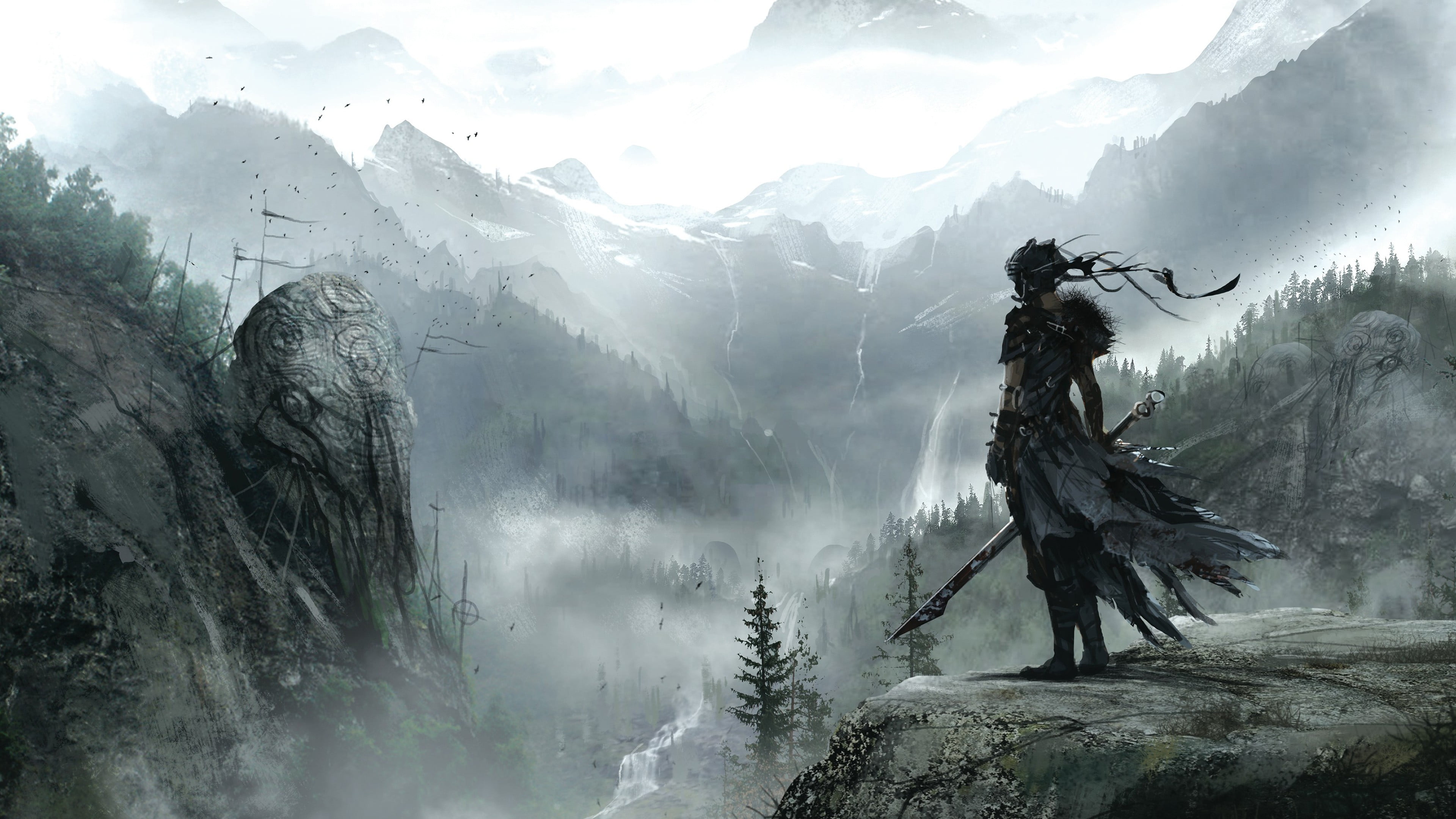 snow, tree, scenics - nature, beauty in nature, tranquil scene, video games, outdoors, landscape, 4K, snowcapped mountain, sky, fog, day, illustration, HD Wallpaper