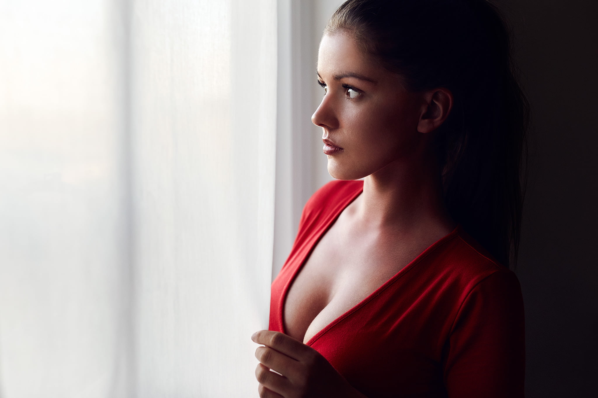 one person, young women, women indoors, beauty, red, brunette, model, looking, headshot, brown hair, portrait, looking away, profile, hair, 1080P, dark eyes, HD Wallpaper