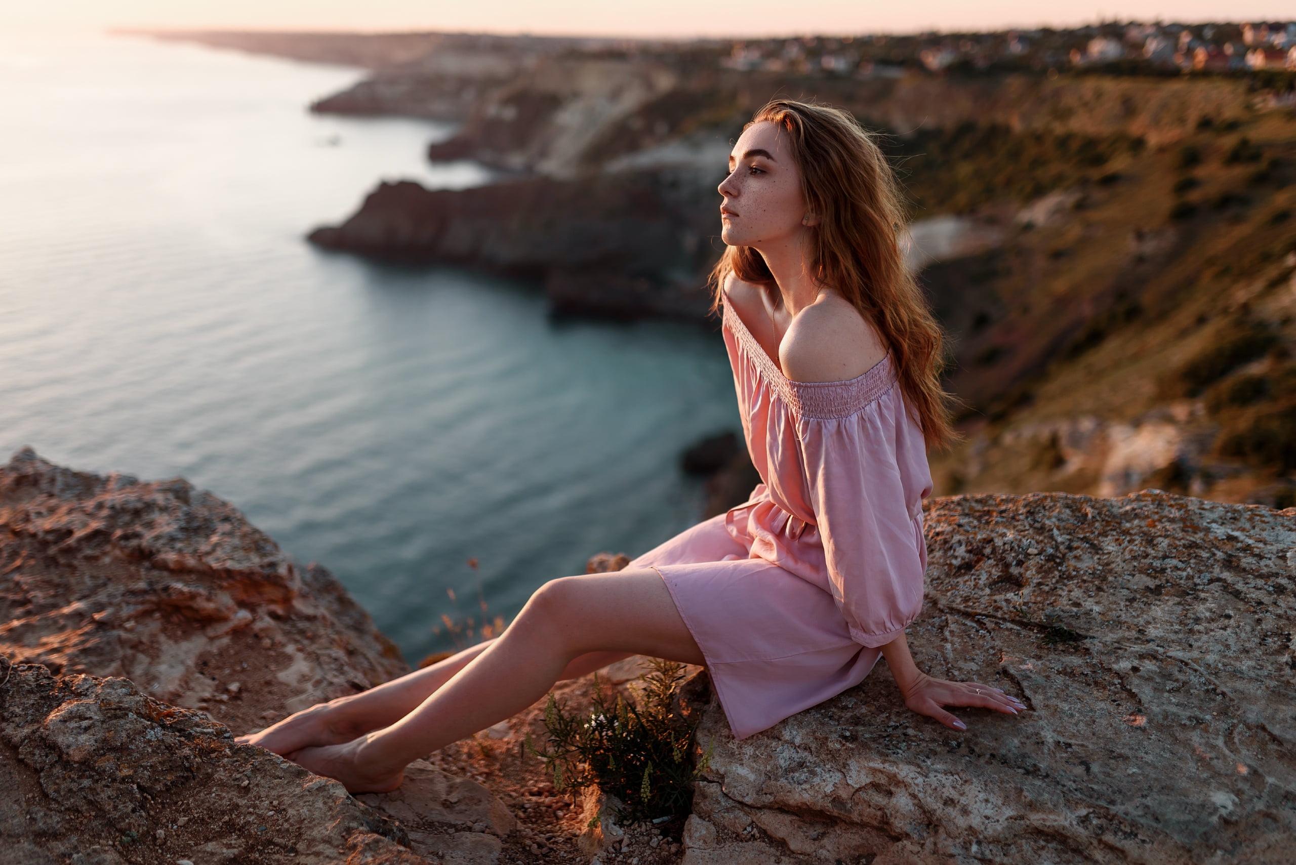 profile, barefoot, outdoors, sunset, bare shoulders, long hair, redhead, sea, model, freckles, looking away, Juliana Naidenova, women, 2K, dress, women outdoors, HD Wallpaper