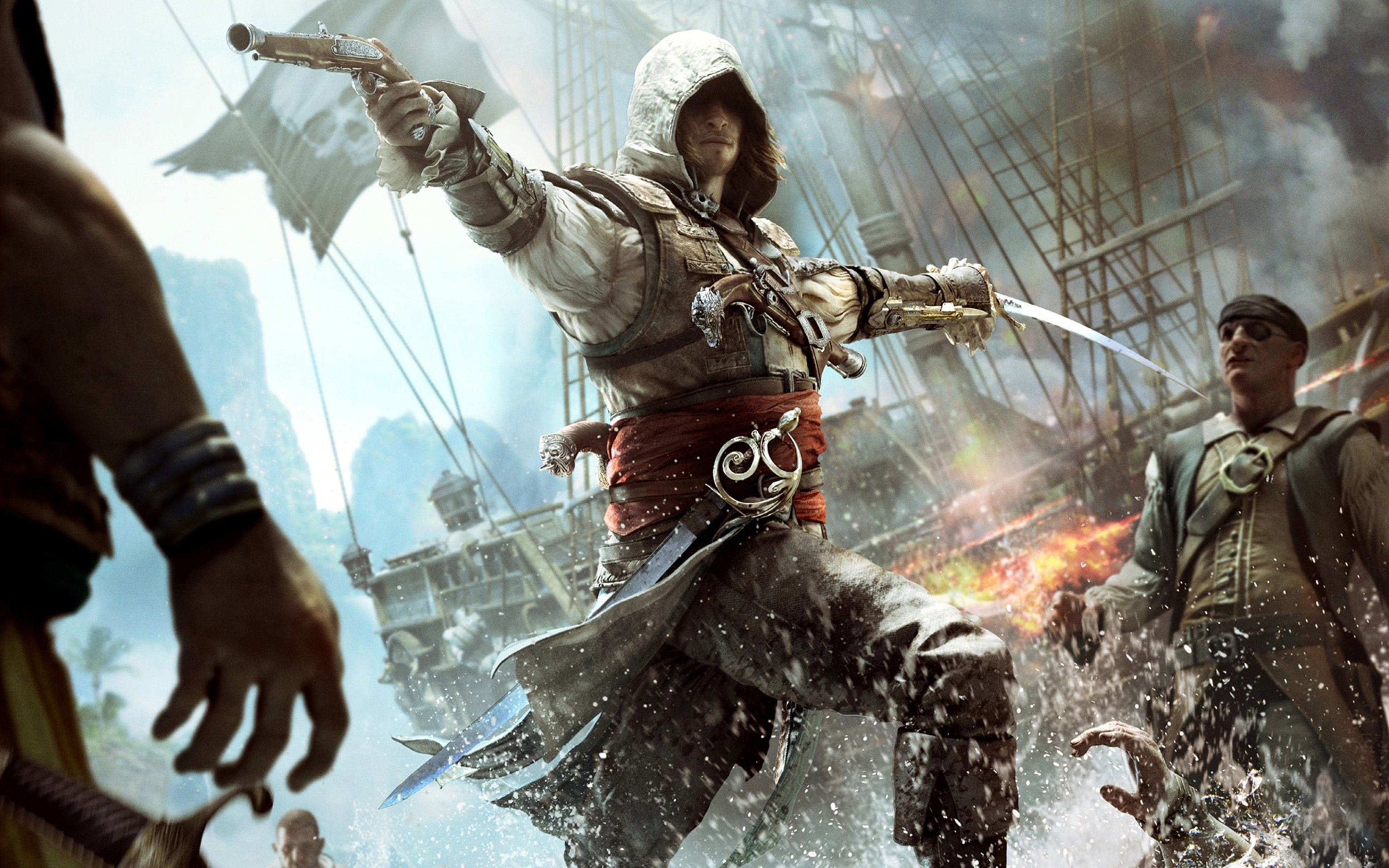 pirate, flag, 4K, battle, creed, game, black, ship, assassins, HD Wallpaper