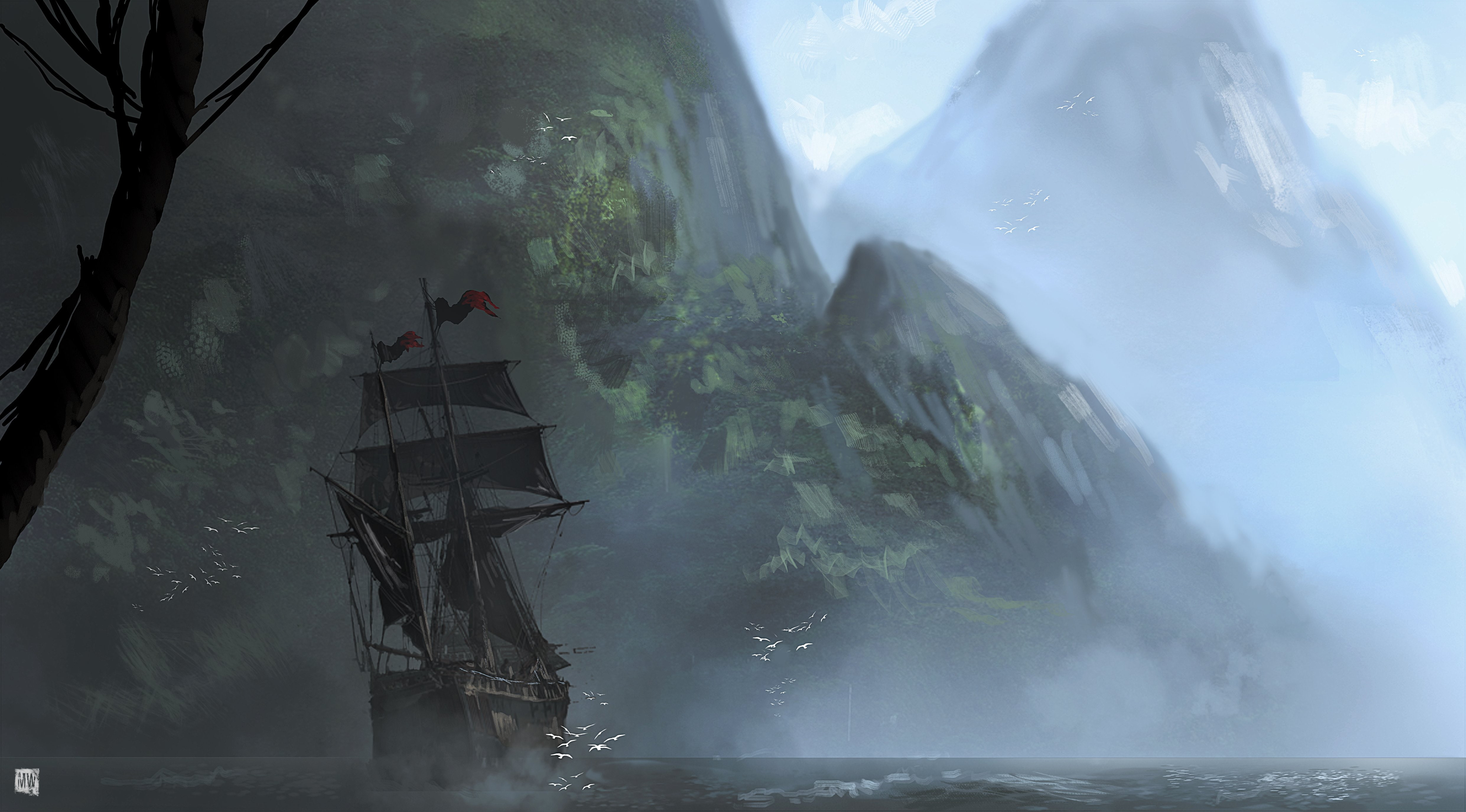 assassins, boat, sailing, flag, games, mountains, black, ships, 4K, creed, fantasy, HD Wallpaper