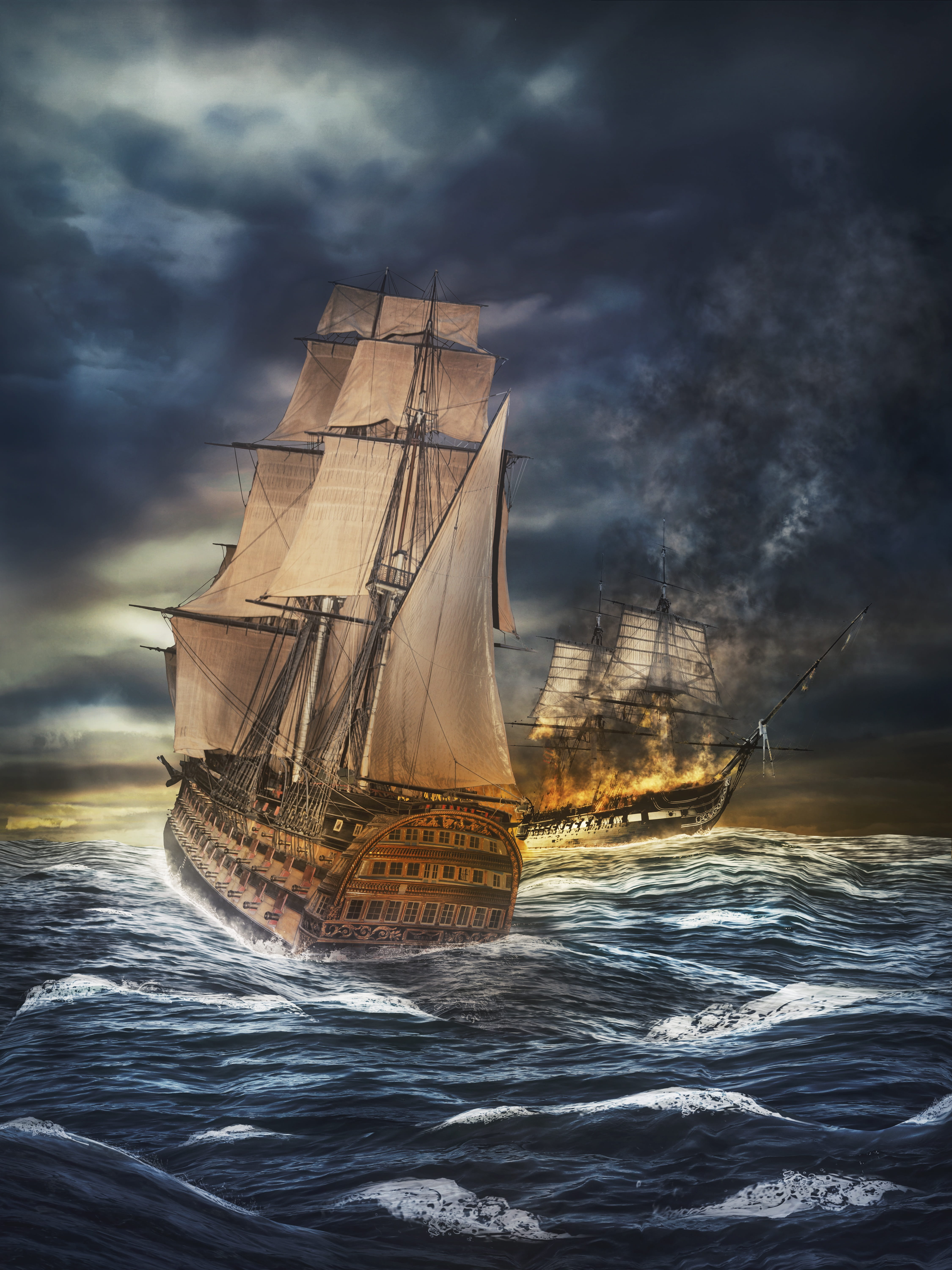 naval battle, dramatic, sky, photography, fantasy, motion, death, cloud - sky, adventure, sailing vessel, sailboat, brown, nautical vessel, mode of transportation, Phone HD Wallpaper