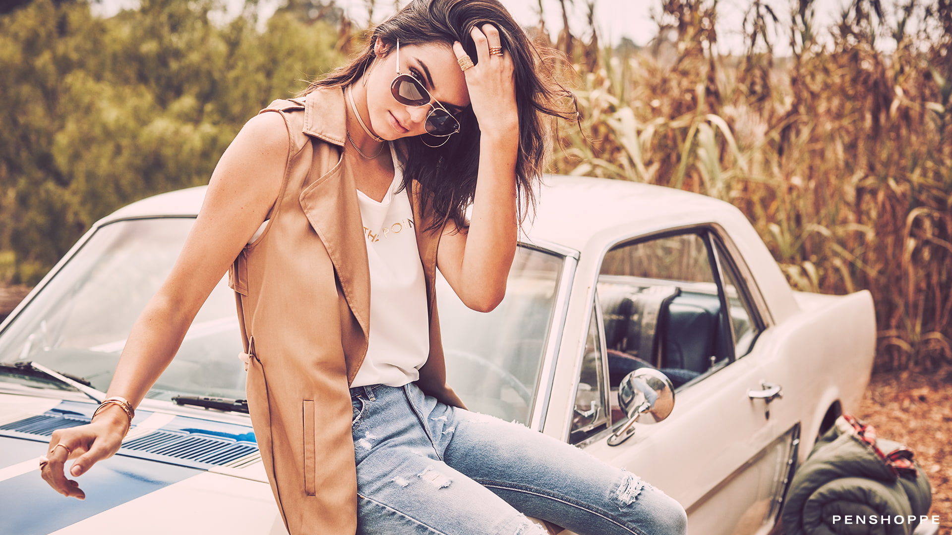 glasses, 1080P, Penshoppe, Kendall Jenner, women with cars, women, brunette, model, women with glasses, hair pulling, HD Wallpaper
