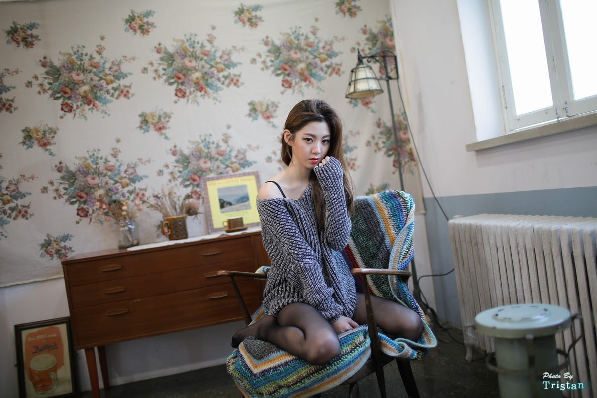 home interior, sitting, lifestyles, looking at camera, seat, women indoors, floral pattern, Korean, brunette, casual clothing, Asian, stockings, chair, HD Wallpaper