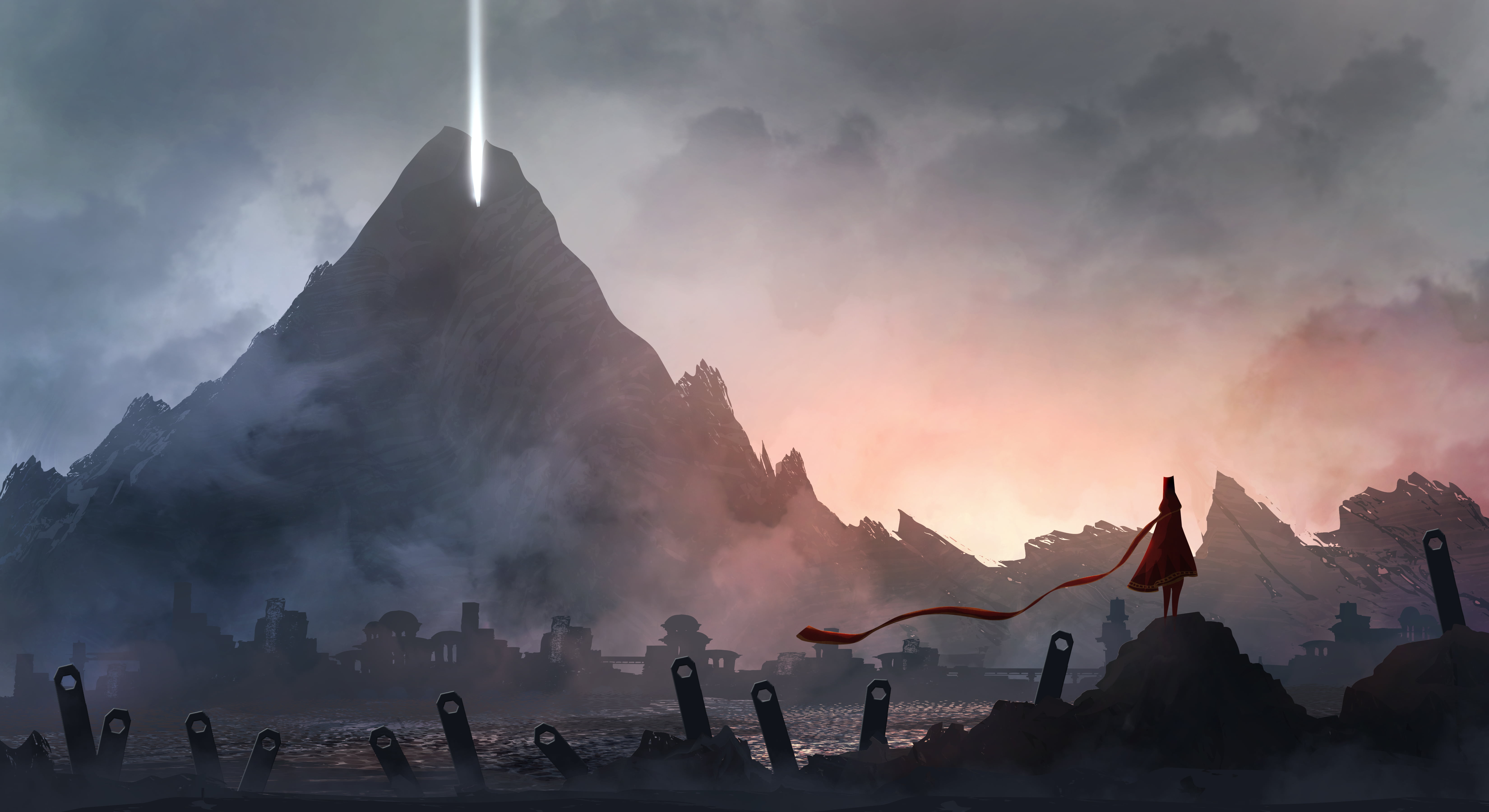 fog, silhouette, sky, panoramic, fantasy art, place of worship, outdoors, mountain range, digital art, beauty in nature, artwork, cloud - sky, 5K, sunset, HD Wallpaper