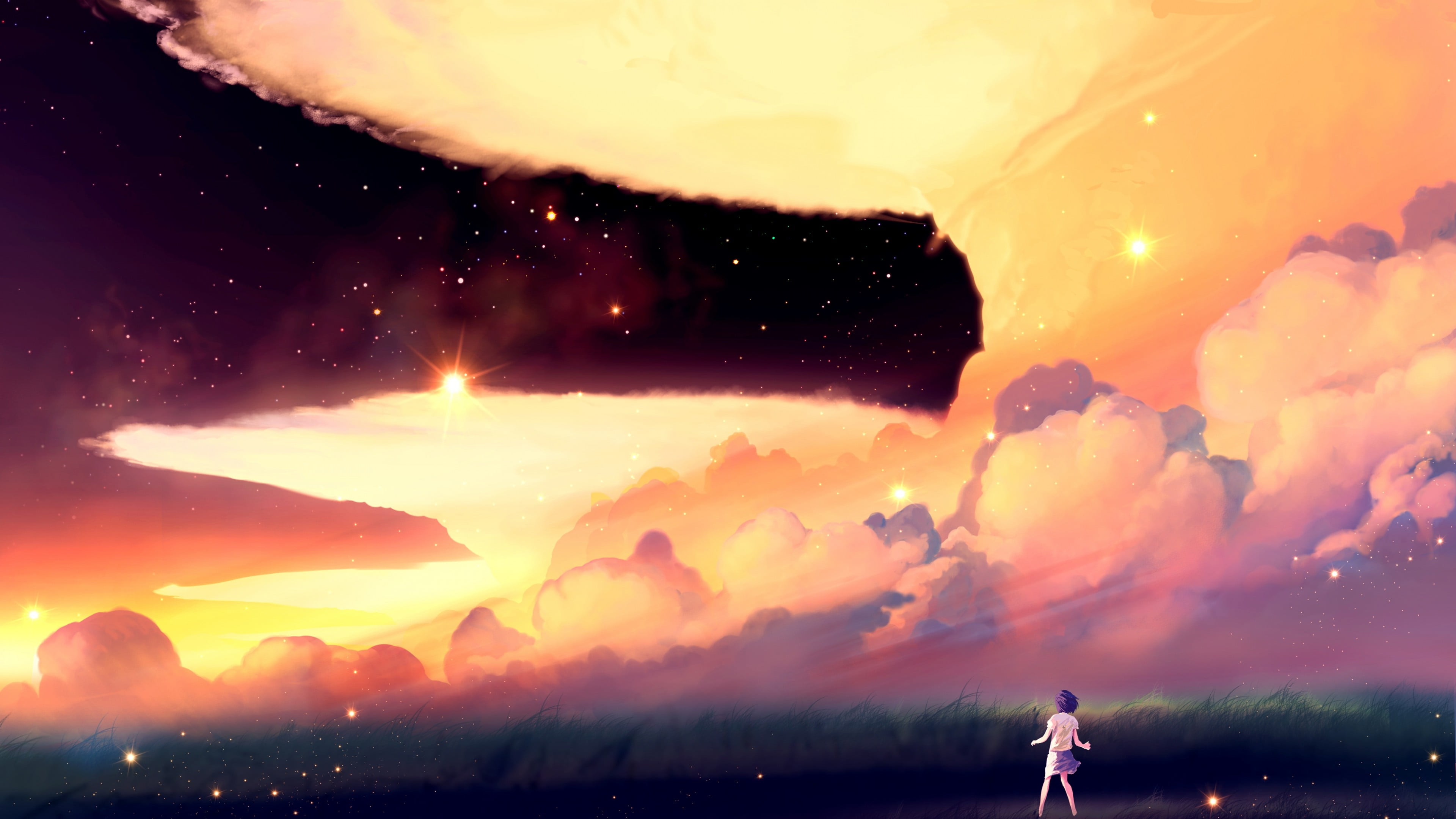 men, digital composite, sunset, stars, panoramic, star - space, looking, space, cloud - sky, illuminated, orange color, one person, standing, HD Wallpaper