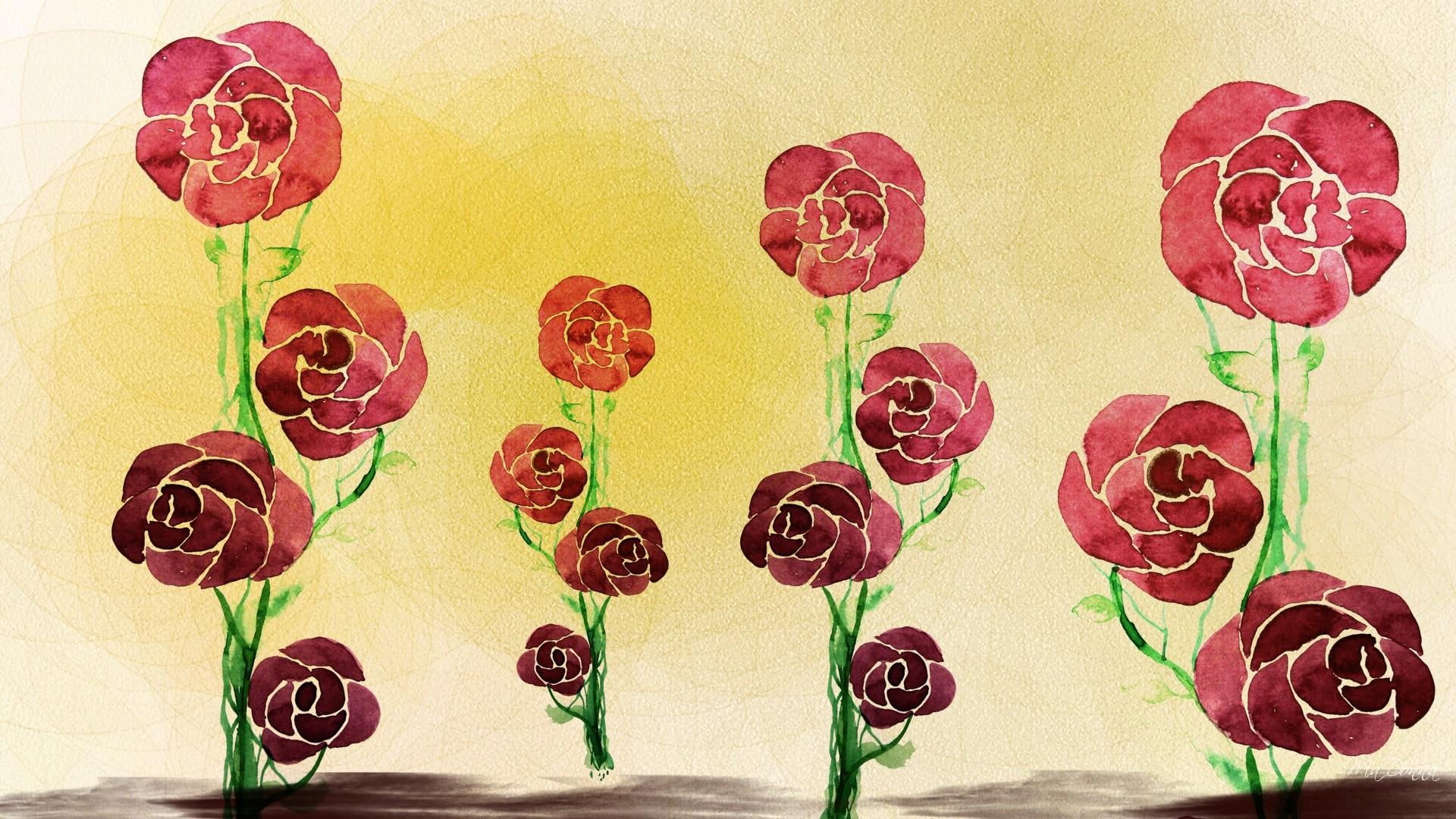 paint, roses, abstract, 3d and abstract, firefox persona, flowers, 1080P, row, HD Wallpaper