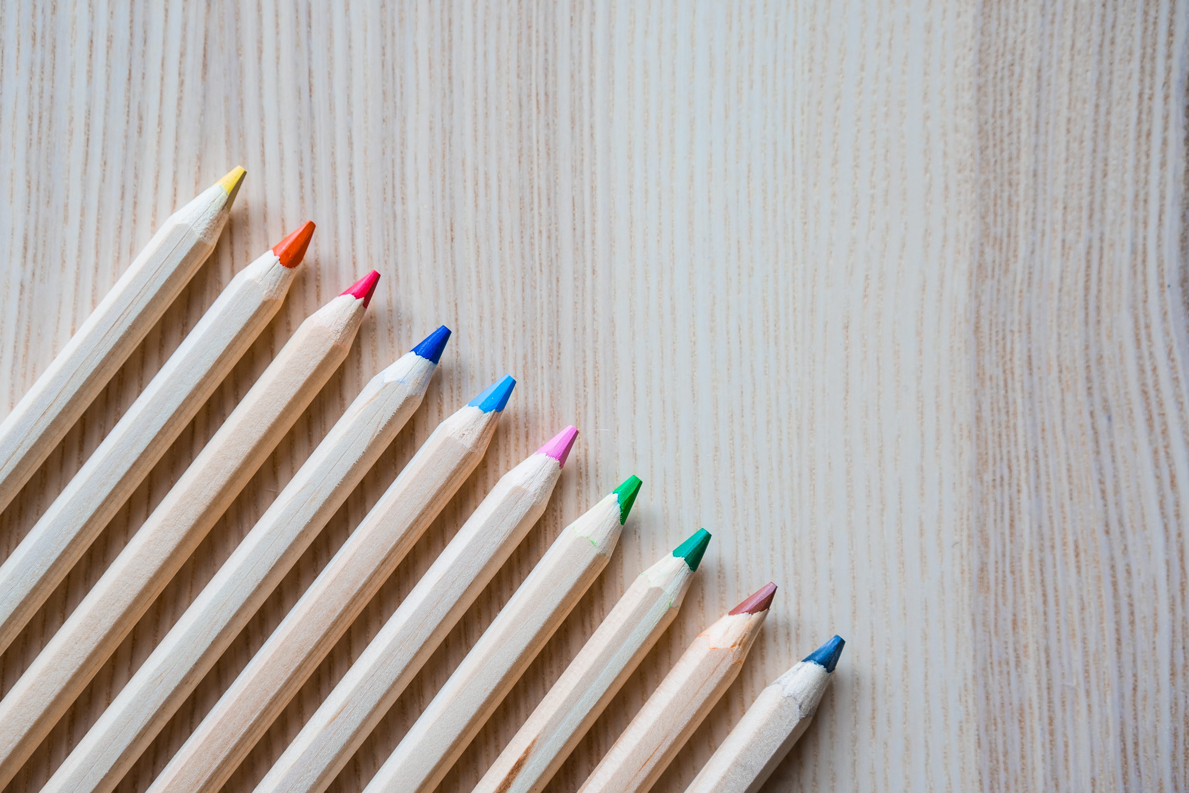 colors, pencil, close-up, indoors, table, variation, wooden, equipment, in a row, creativity, writing instrument, creative, art and craft equipment, simple, HD Wallpaper