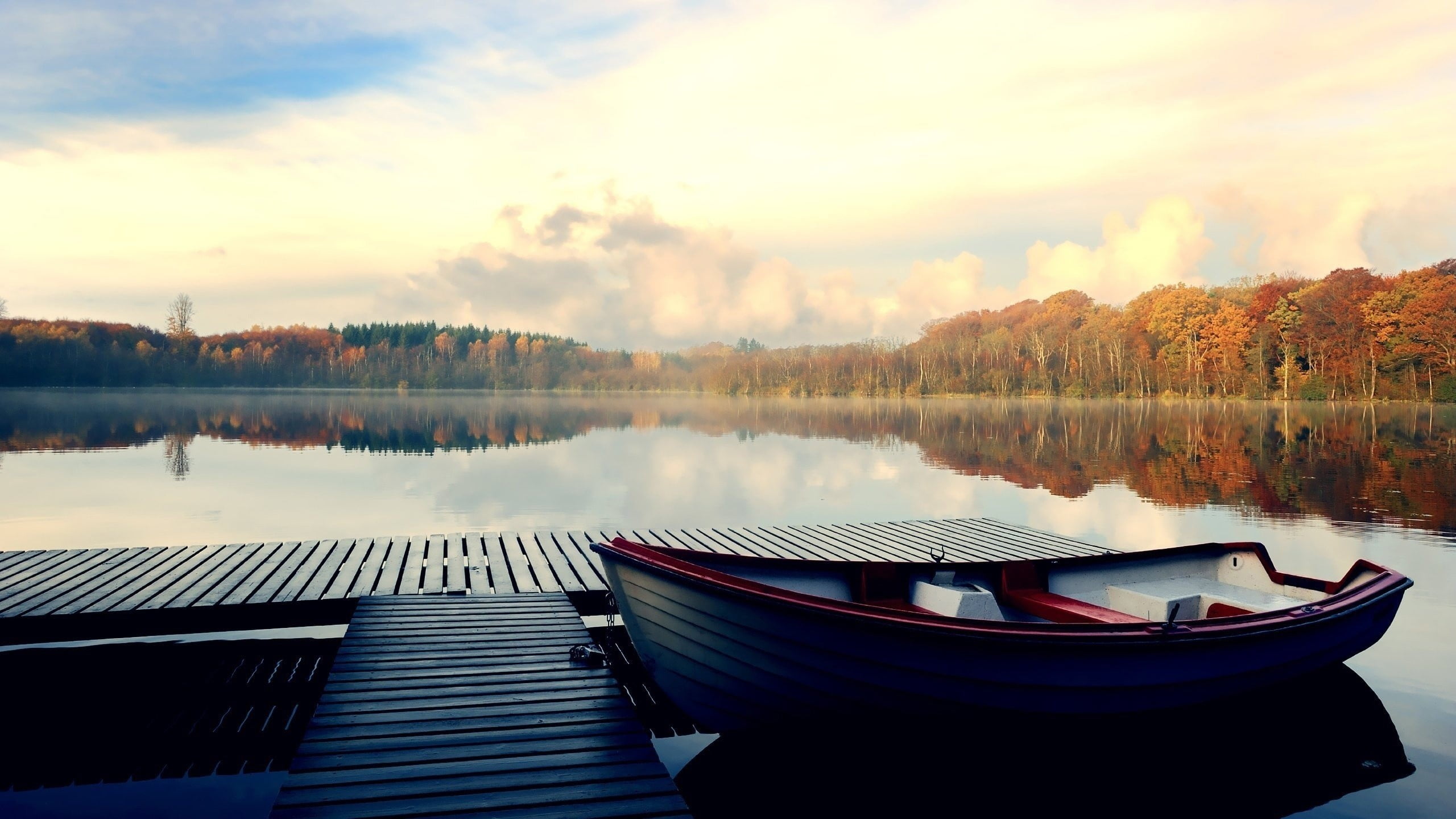 transportation, forest, tree, 2K, pier, bot, row, reflection, nature, sky, cloud - sky, rowboat, nautical vessel, tranquility, scenics - nature, beauty in nature, HD Wallpaper