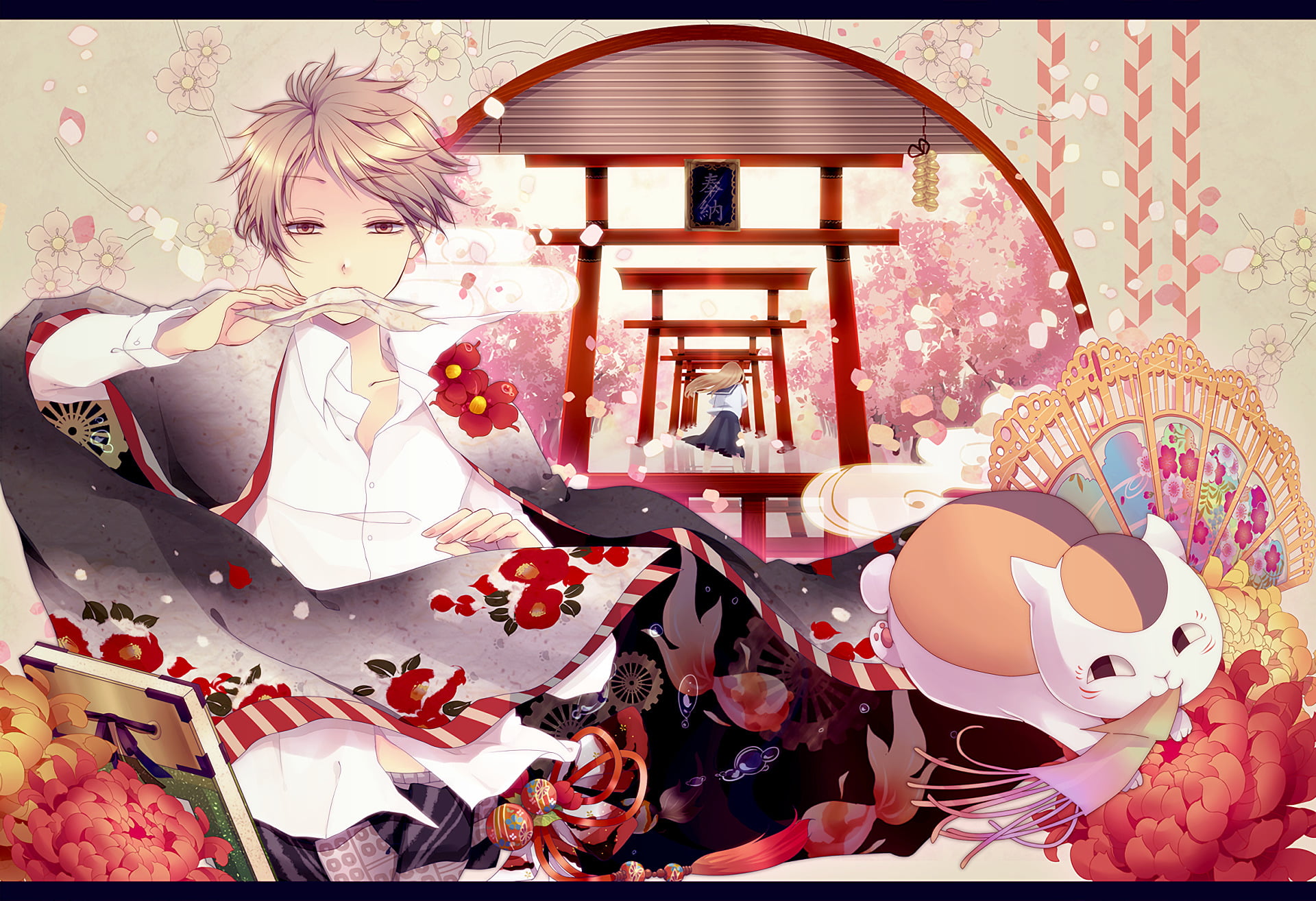 representation, pink color, Natsume Yuujinchou, furniture, electric lamp, no people, home interior, Anime, toy, frame, transfer print, female likeness, HD Wallpaper