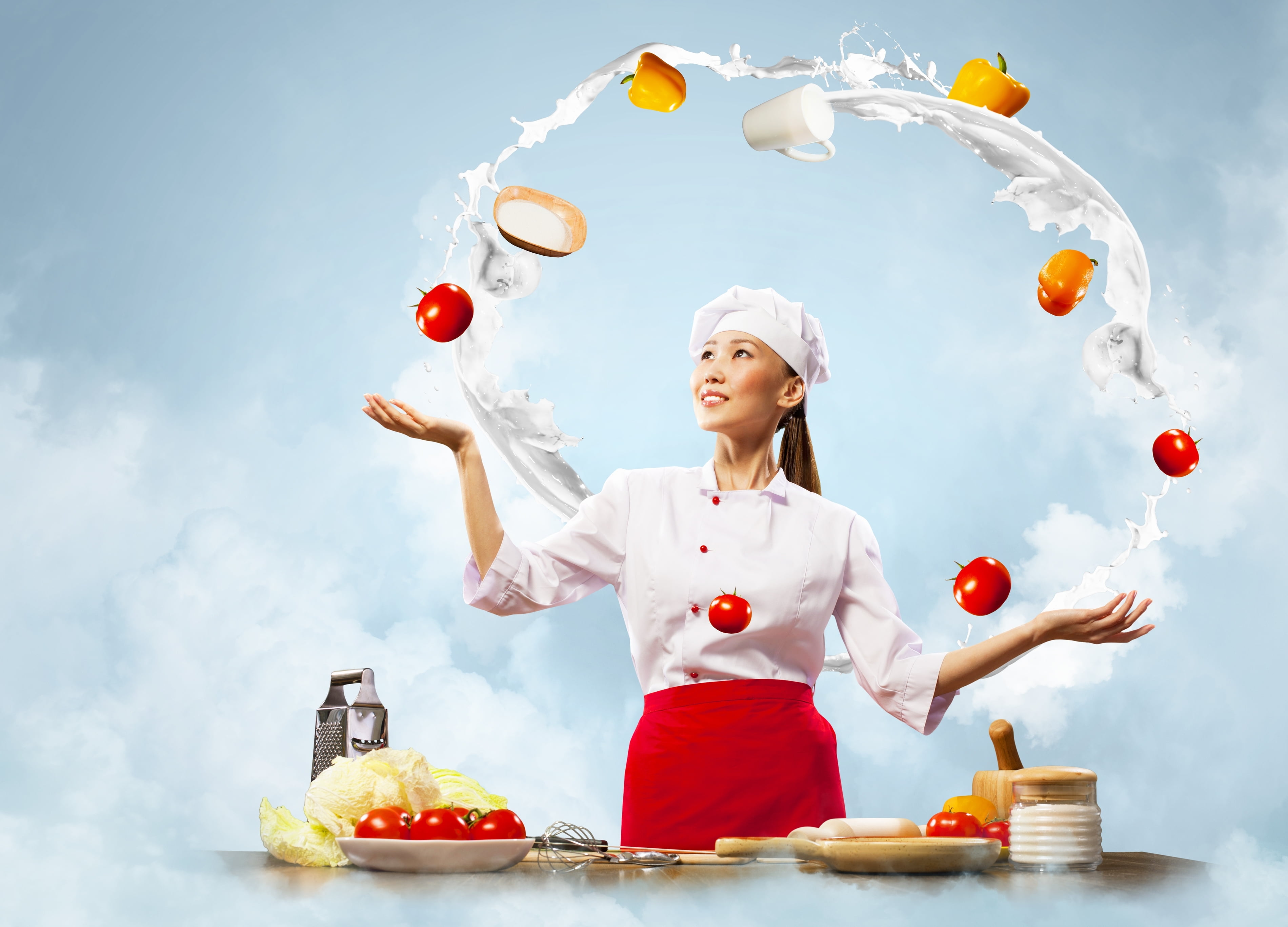 girl, white, beautiful, cabbage, freshness, cloud - sky, eggs, 2K, young women, s, front view, adult, cook, balloon, apron, emotion, indoors, smiling, HD Wallpaper
