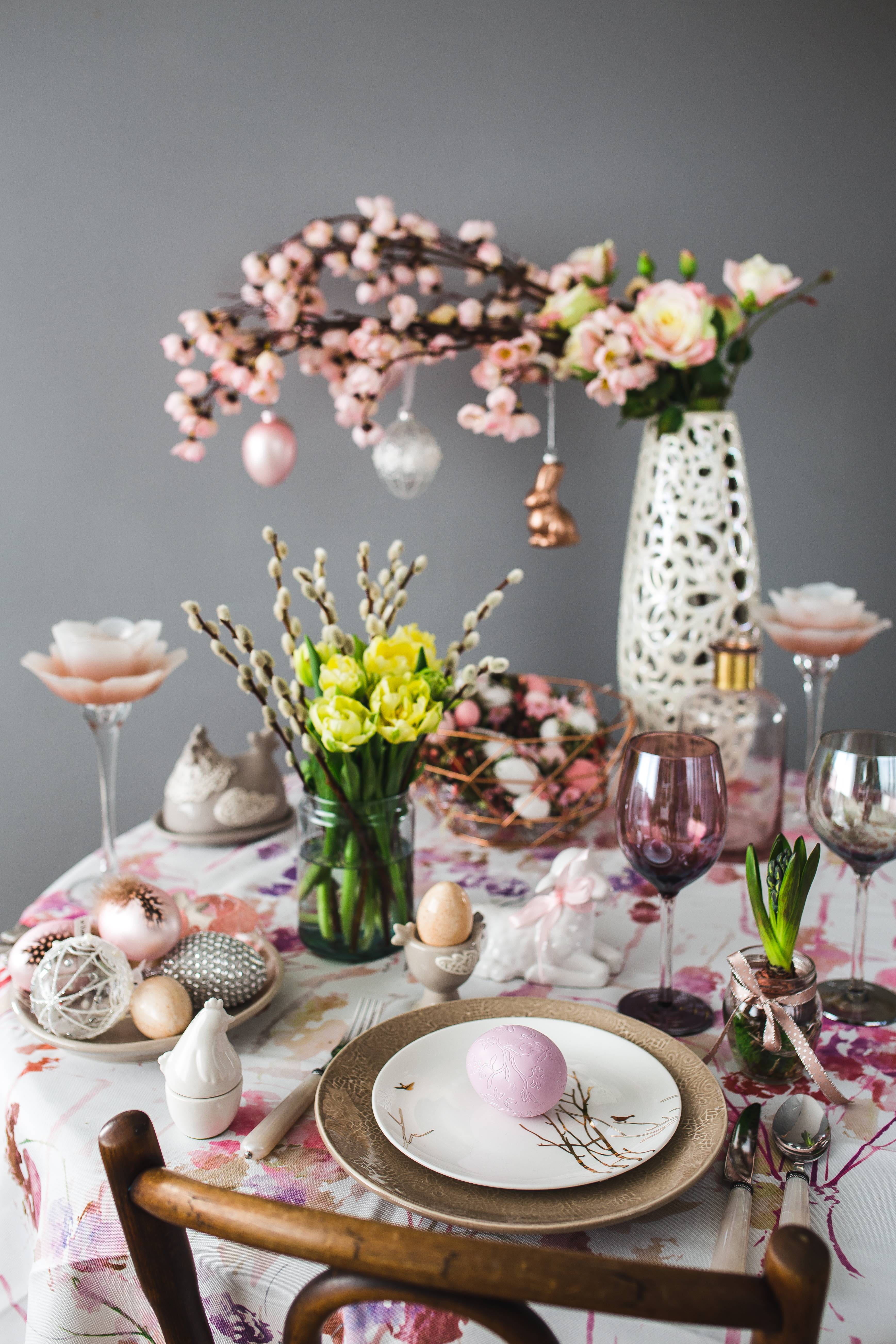 pink, no People, flowers, flower, celebration, catkins, table, sweet, luxury, tablecloth, close-up, crockery, Easter table, dinner, drink, beauty in nature, Phone HD Wallpaper