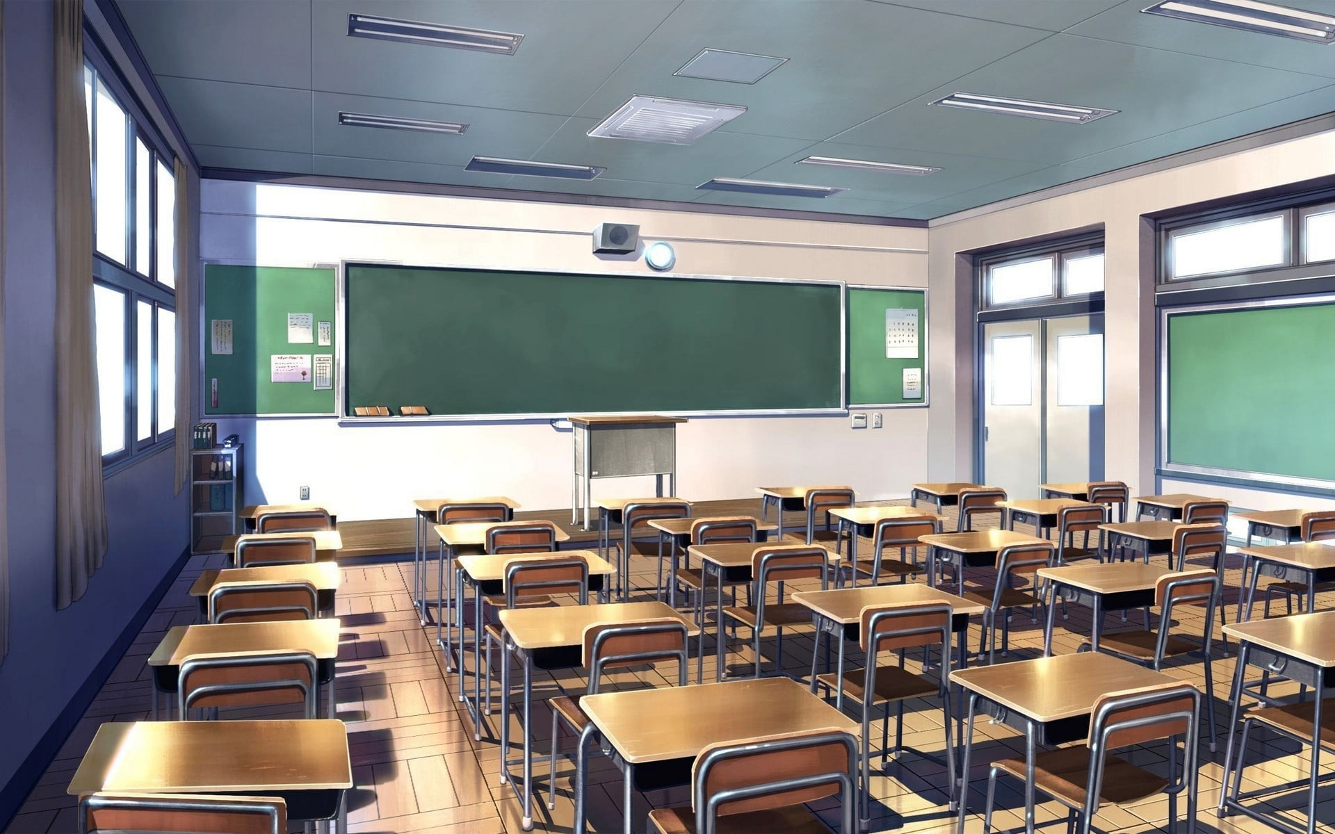 school, architecture, table, no people, in a row, learning, studying, wood - material, 1080P, empty, indoors, digital art, furniture, dining, classroom, HD Wallpaper