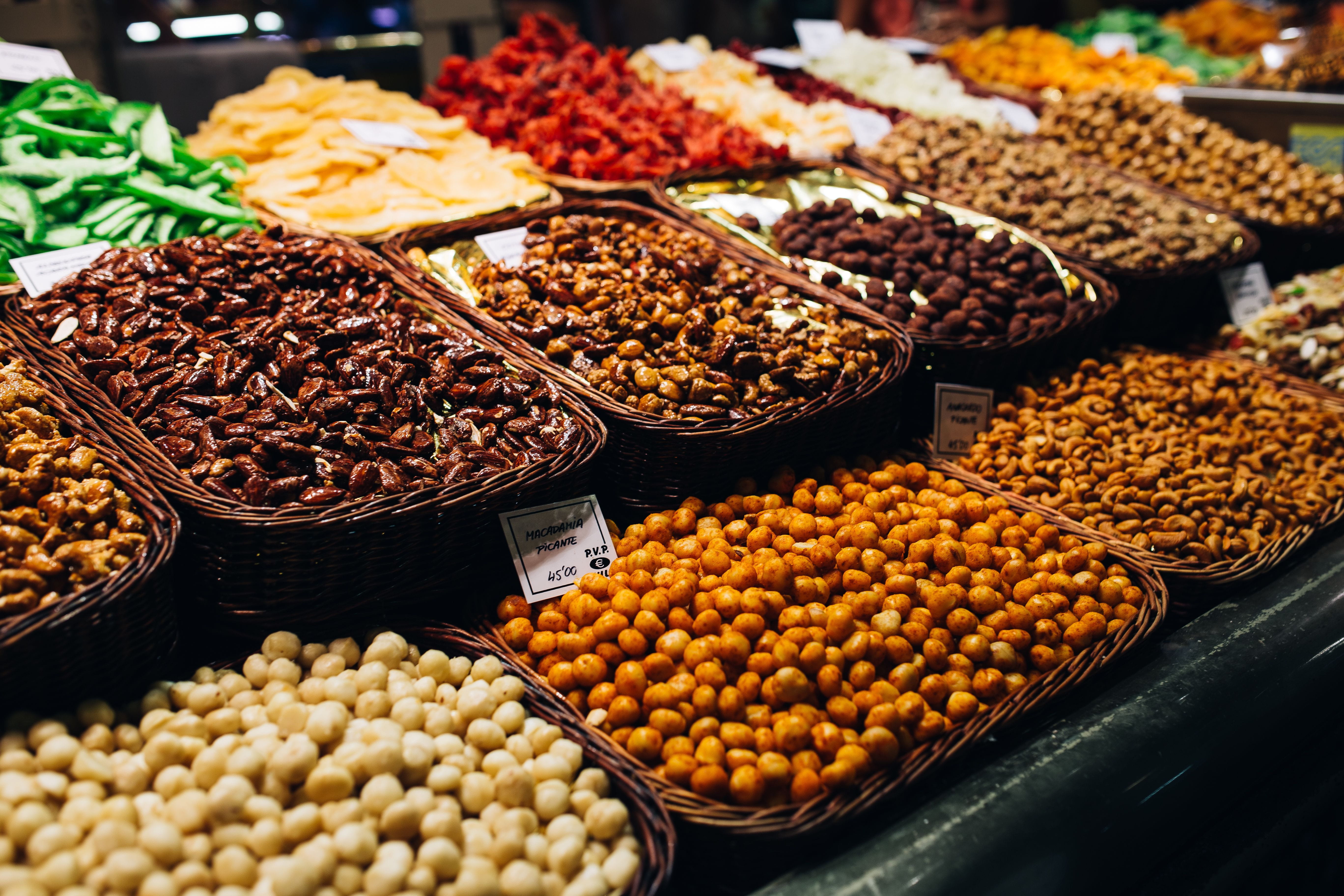 la, fruits, order, choice, store, spice, sale, La Boqueria, food, dried fruit, freshness, spain, healthy eating, still life, multi Colored, high angle view, HD Wallpaper